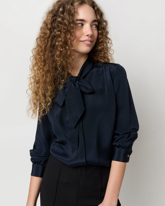 Tie-Neck Blouse in Navy Silk Crepe de Chine