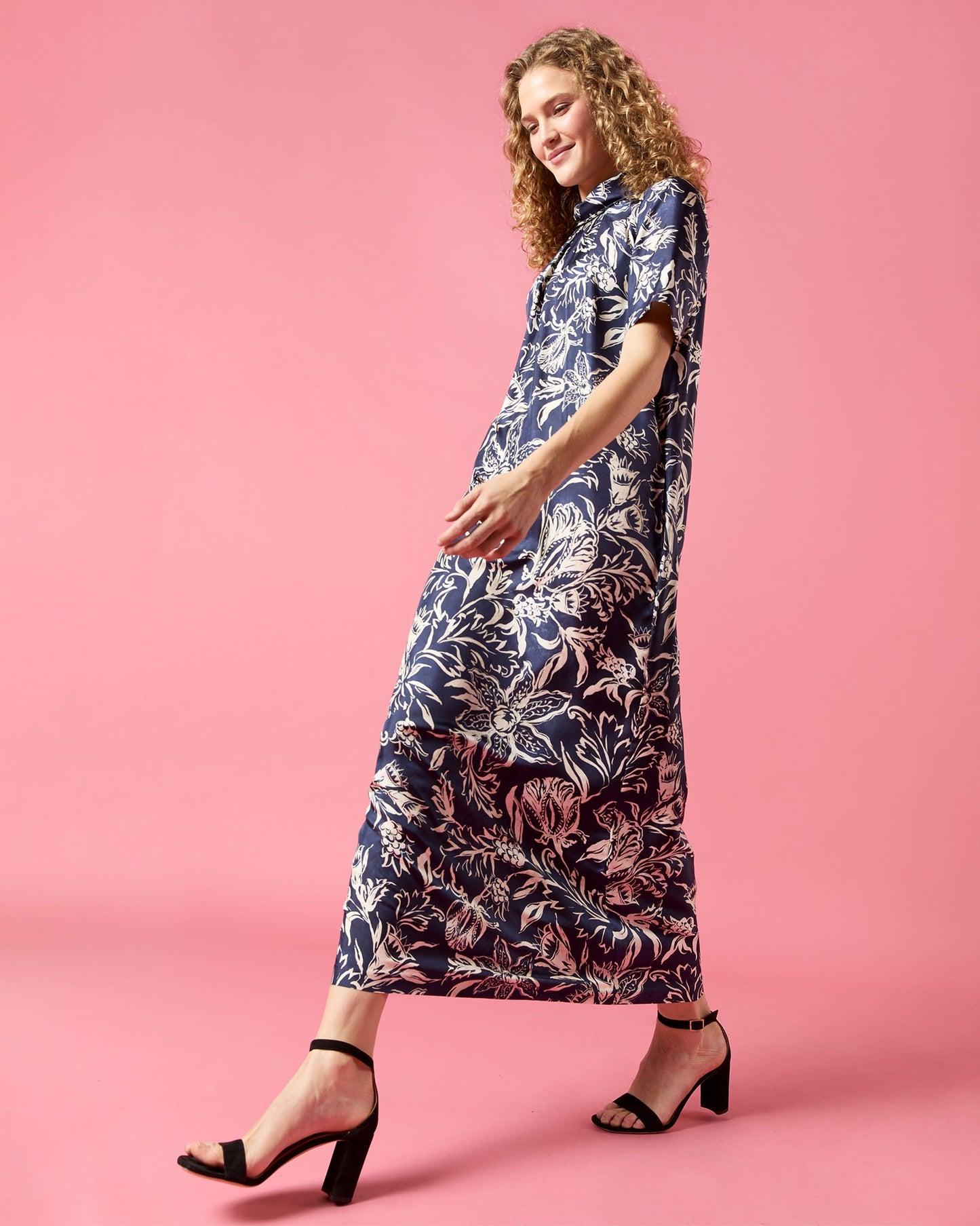 Luisa Dress in Navy Floral Silk Twill