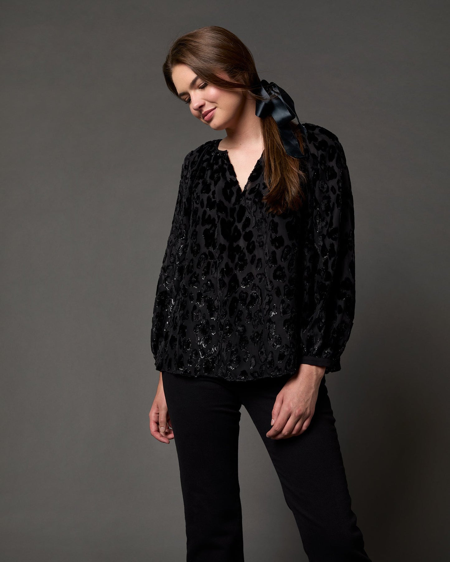 Ariana Blouse in Black Leopard Fil Coupé Georgette