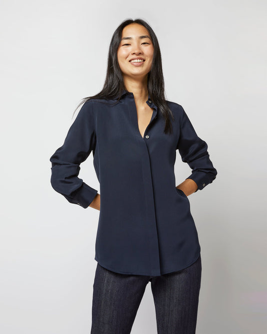 Icon Blouse in Navy Silk Crepe de Chine