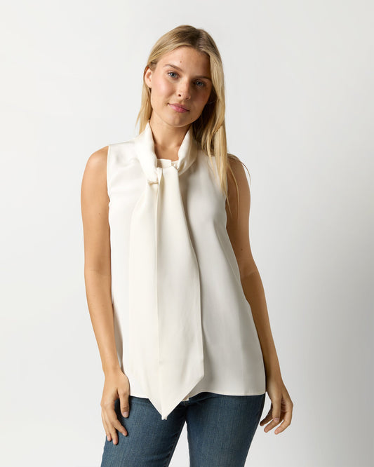 Sleeveless Tie-Neck Blouse in Ivory Silk Crepe de Chine