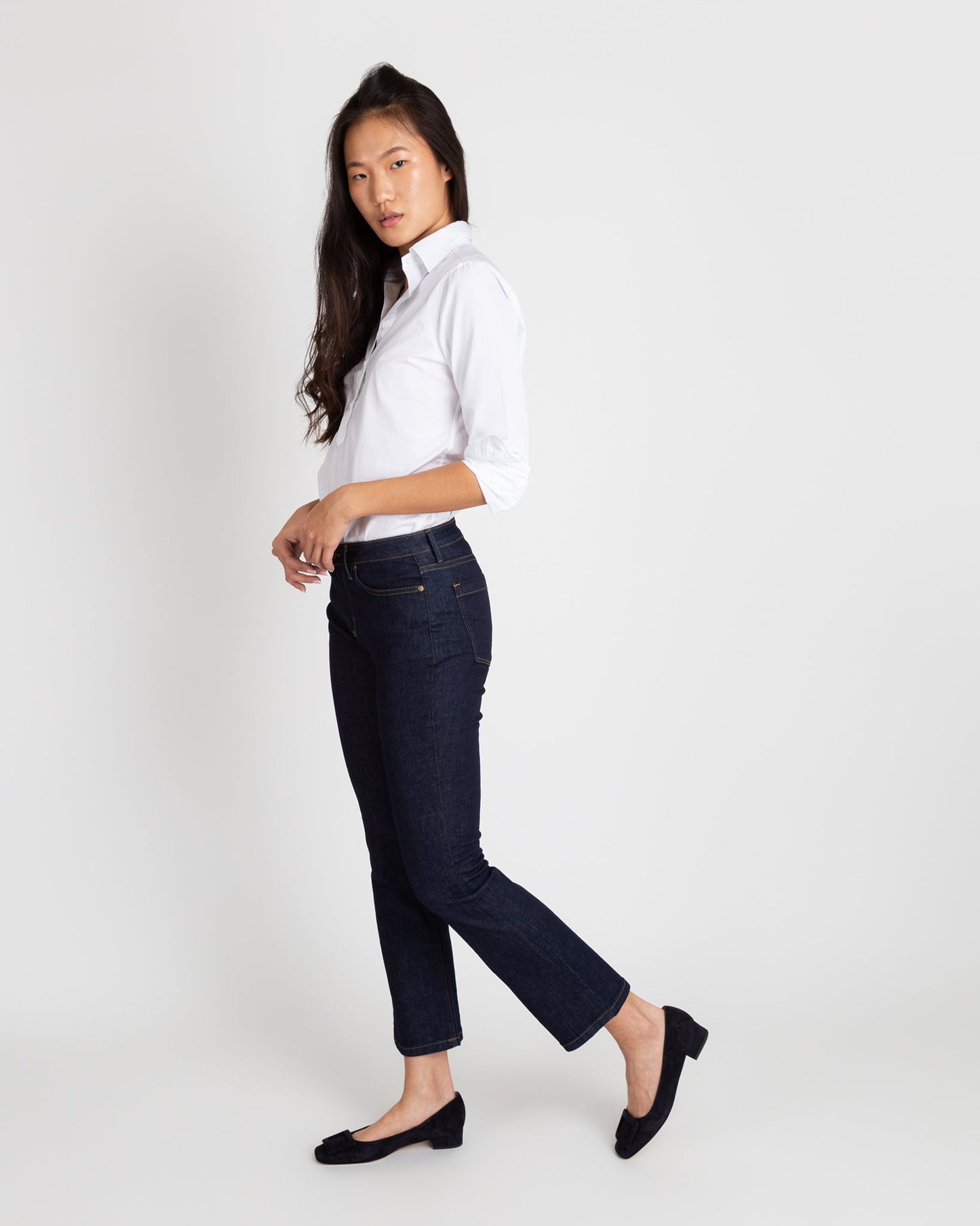 Flare Cropped 5-Pocket Jean in Indigo Stretch Denim