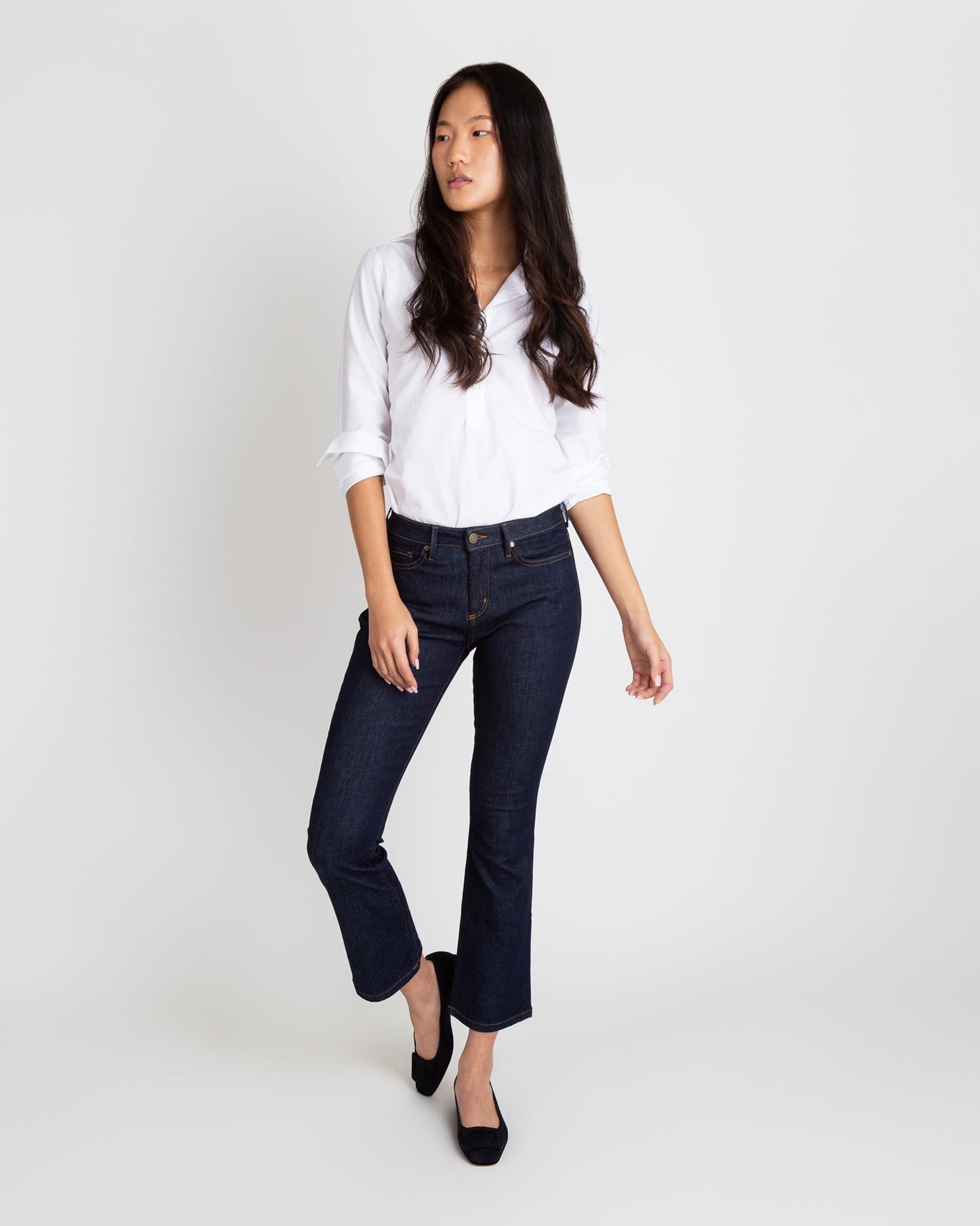 Flare Cropped 5-Pocket Jean in Indigo Stretch Denim