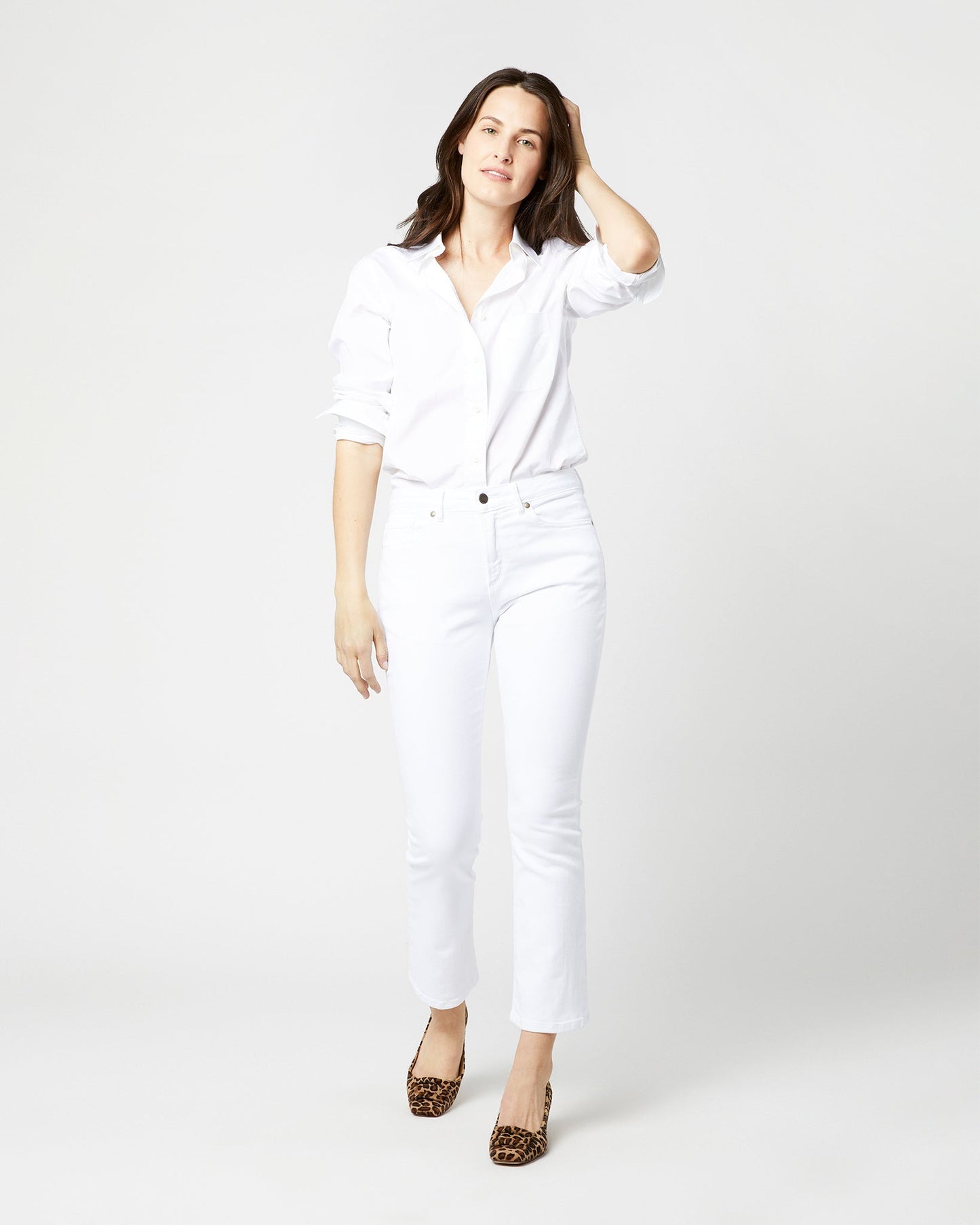 Flare Cropped 5-Pocket Jean in White Stretch Denim