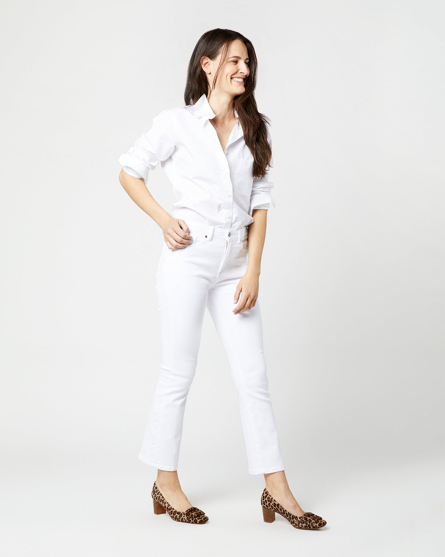 Flare Cropped 5-Pocket Jean in White Stretch Denim