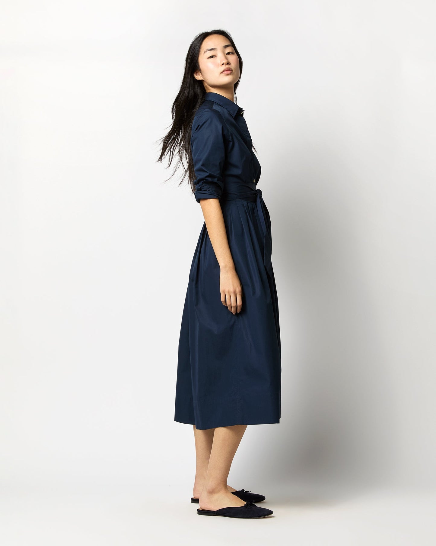 Classic Shirtwaist Dress in Navy Poplin