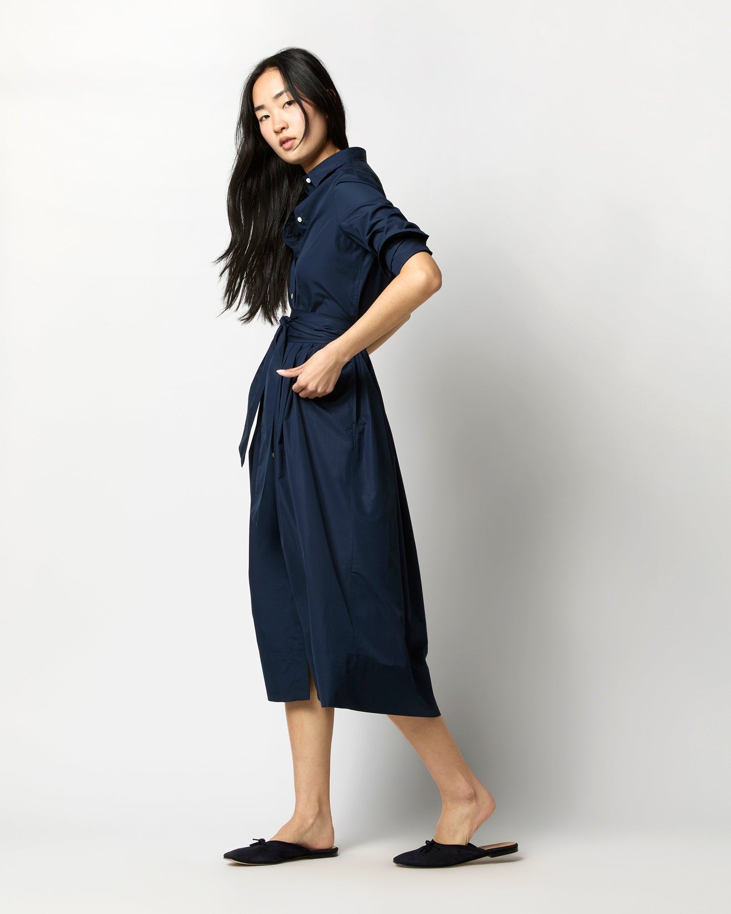 Classic Shirtwaist Dress in Navy Poplin