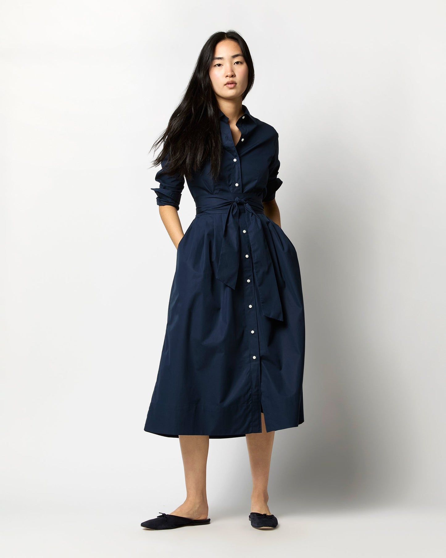 Classic Shirtwaist Dress in Navy Poplin