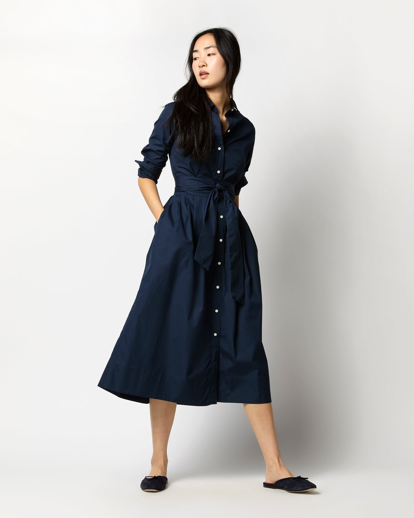 Classic Shirtwaist Dress in Navy Poplin