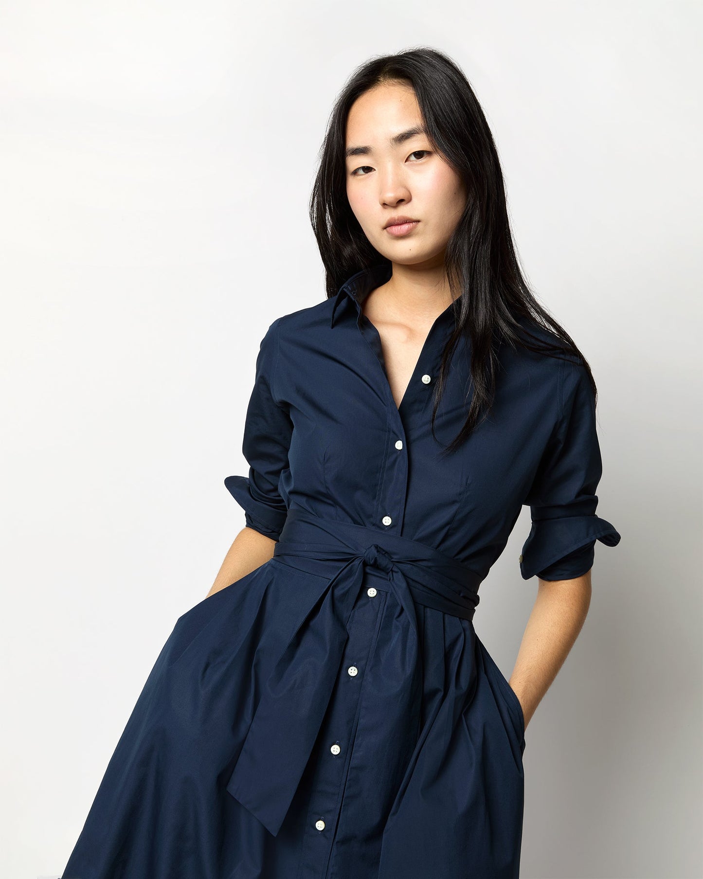 Classic Shirtwaist Dress in Navy Poplin