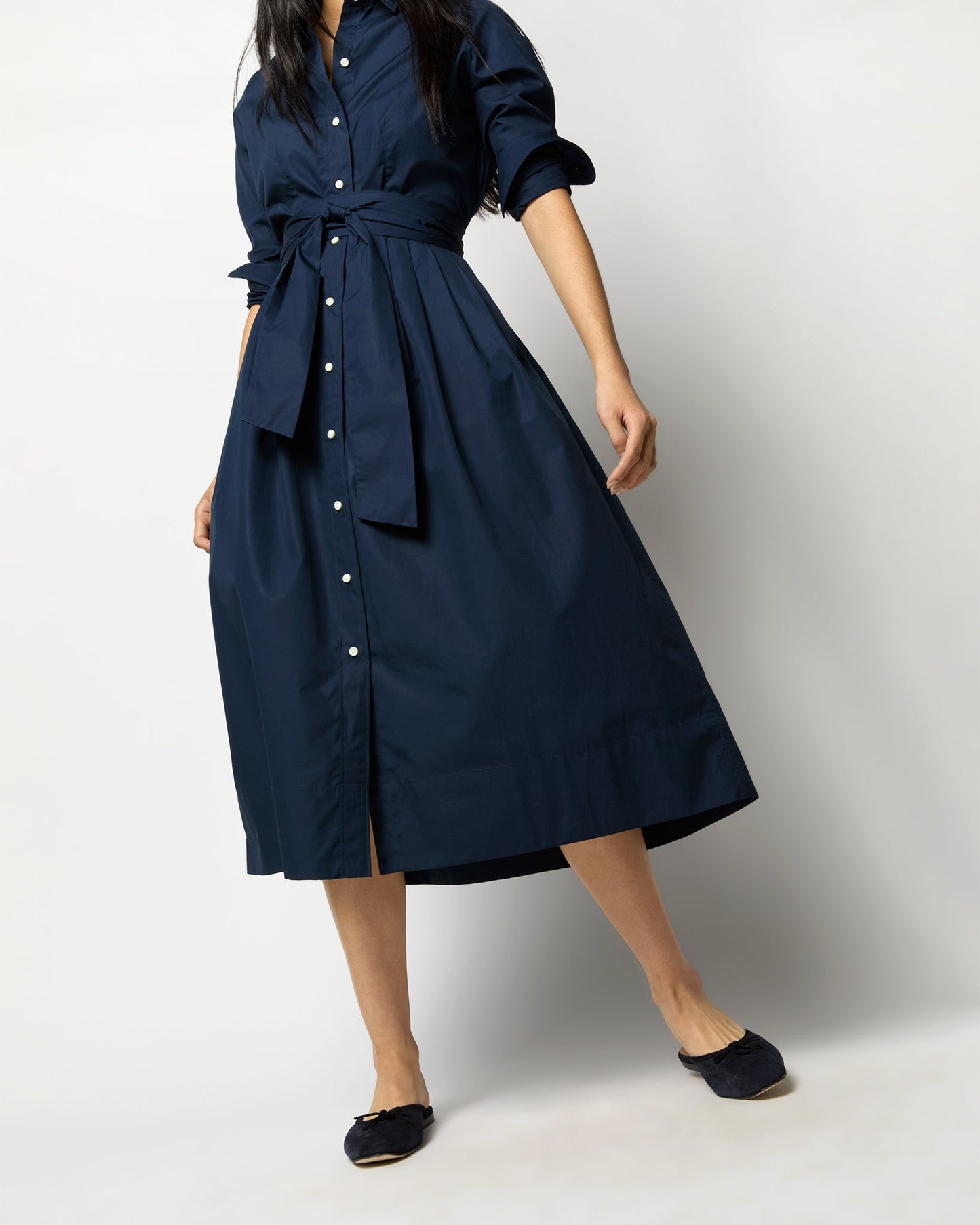 Classic Shirtwaist Dress in Navy Poplin