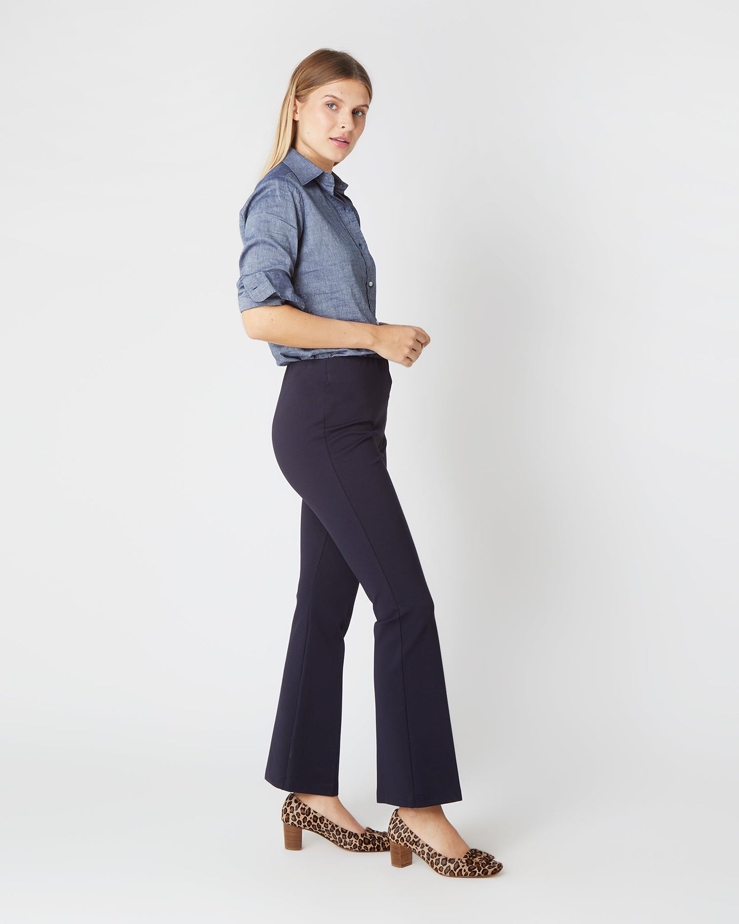 Faye Flare Cropped Pant in Navy Ponte Knit