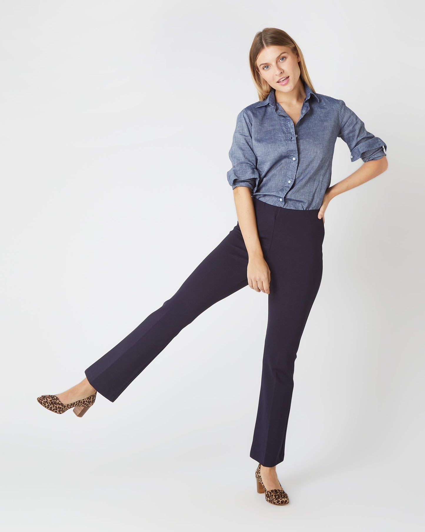 Faye Flare Cropped Pant in Navy Ponte Knit