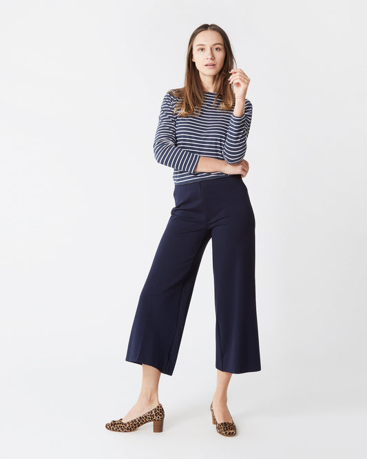 Faye Wide-Leg Cropped Pant in Navy Ponte Knit