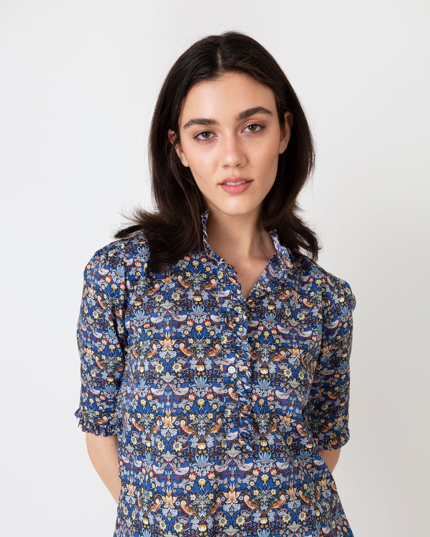 Elbow-Sleeve Frill Shirt in Blue/Gold Strawberry Thief Liberty Fabric