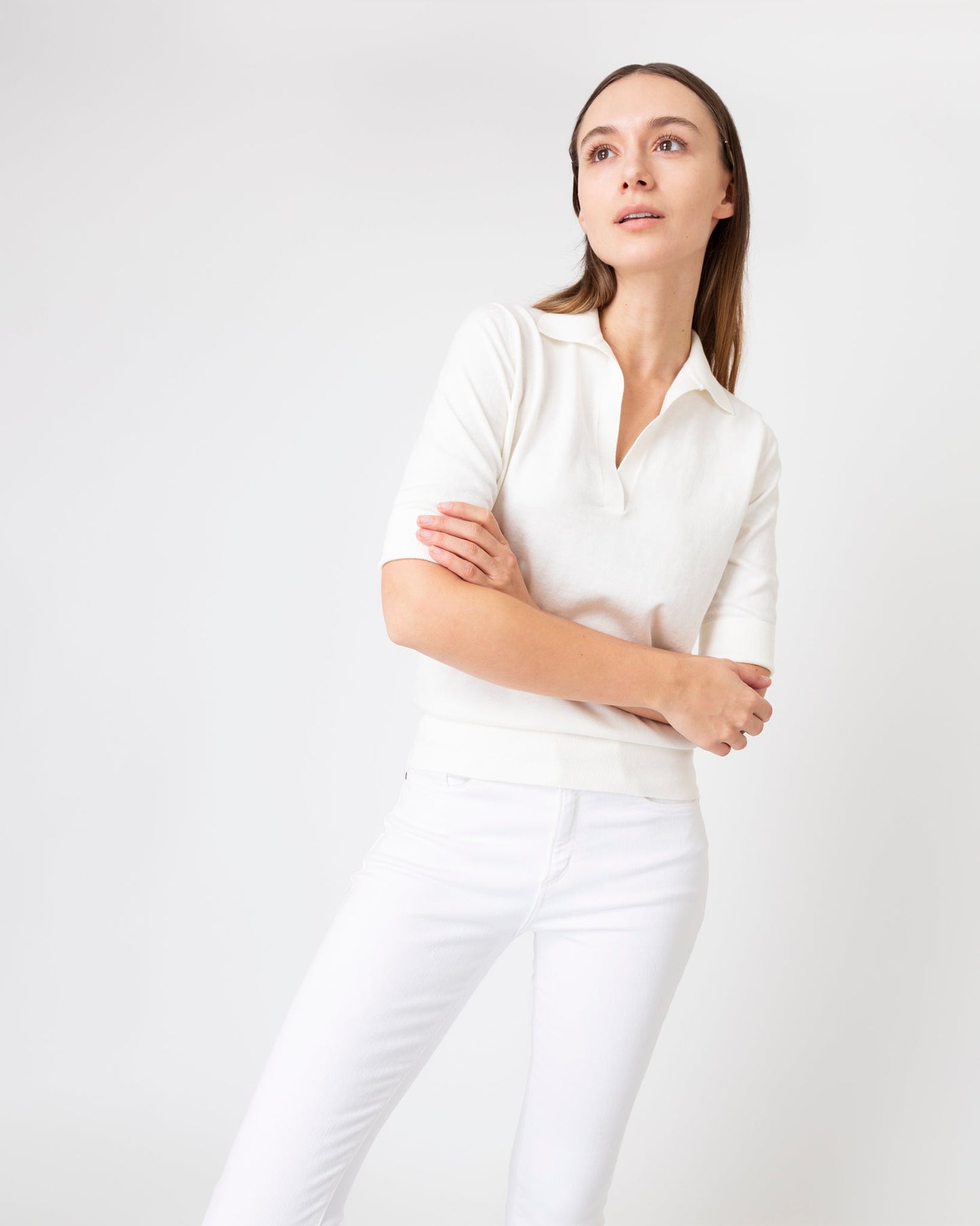 Half-Sleeved Georgina Sweater in Ivory Cotton/Silk