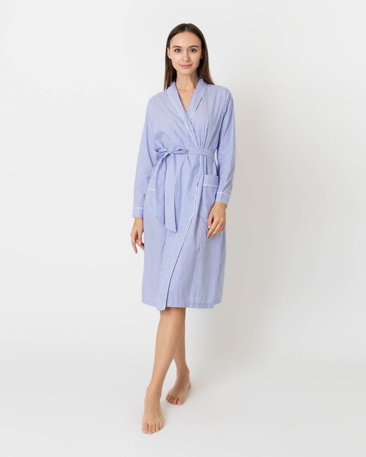 Darcey Robe in Blue Bengal Stripe Cotton Lawn