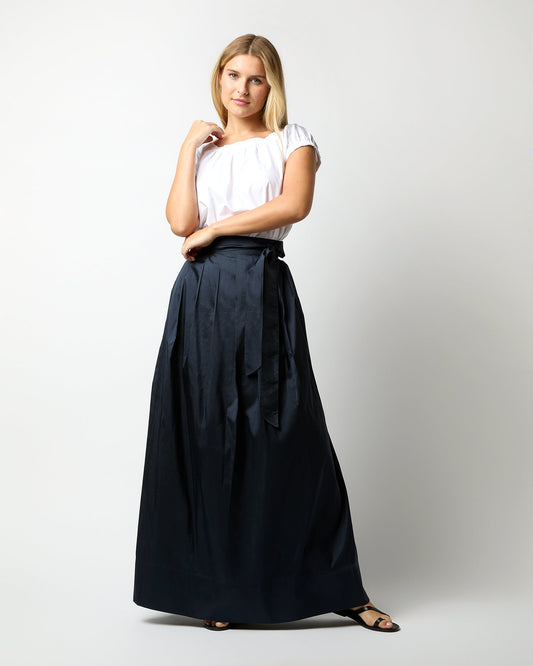 Pleated Wrap Skirt in Navy Silk Shantung