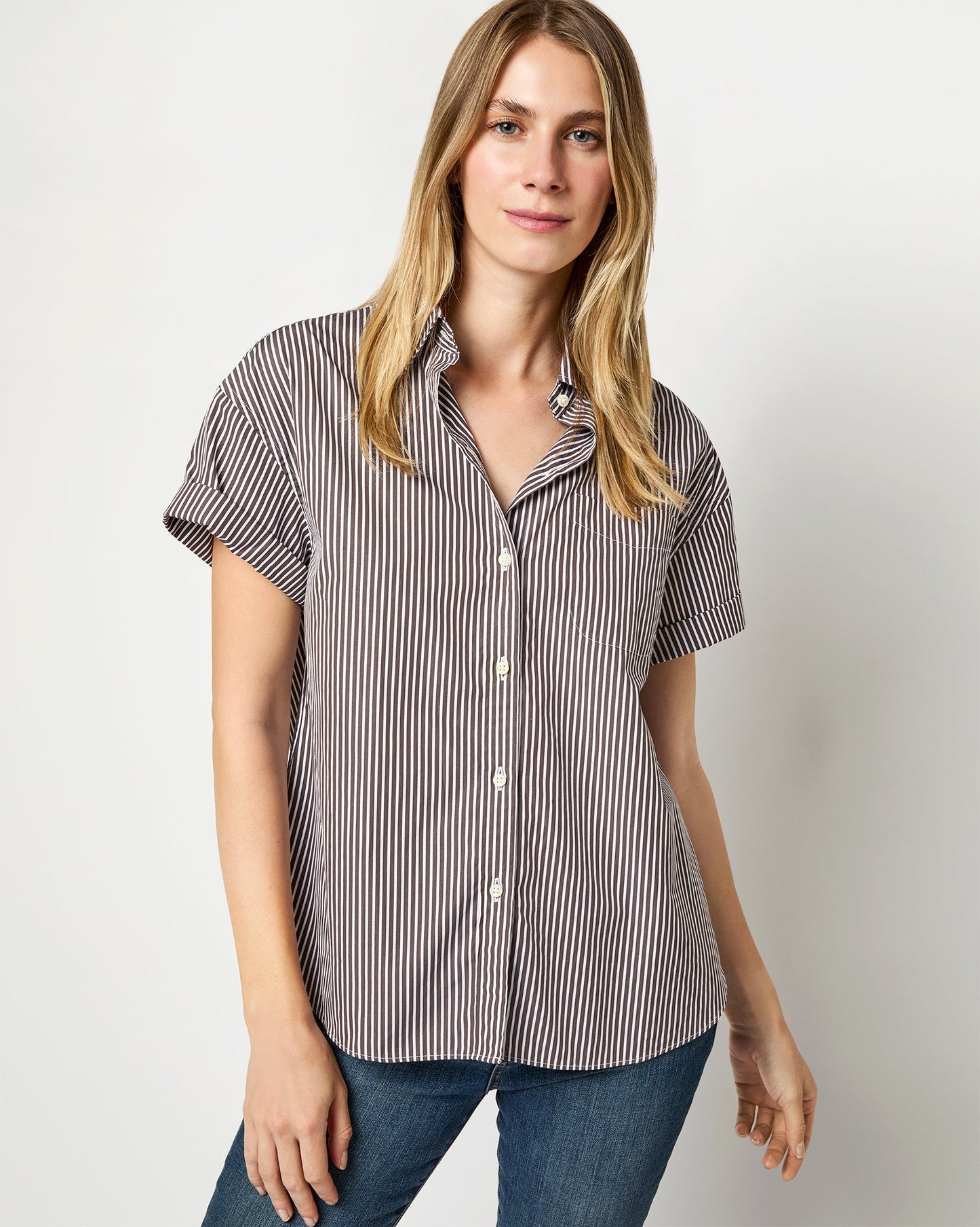 Agnes Shirt in Brown/White Stripe Poplin