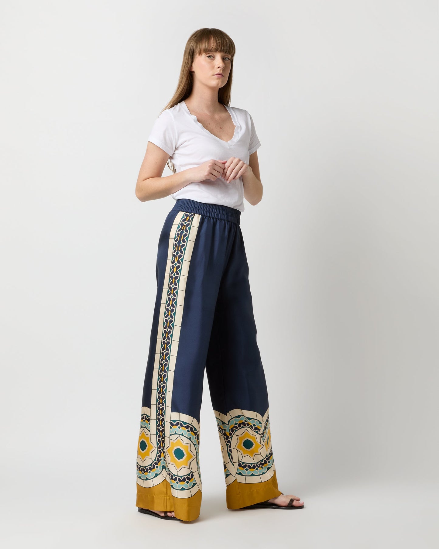 Palazzo Pant in Blue Mudejar Placée Silk Twill