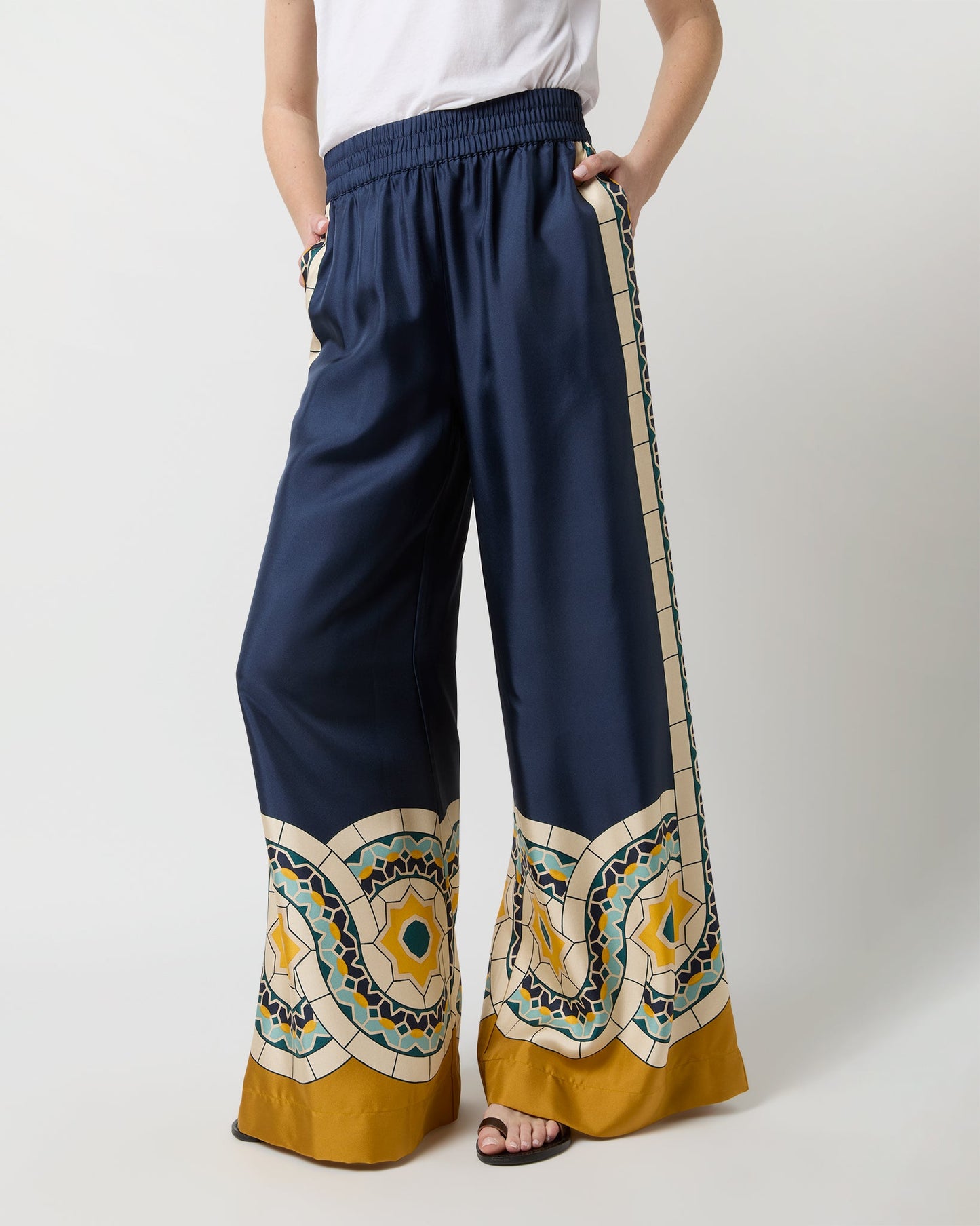 Palazzo Pant in Blue Mudejar Placée Silk Twill