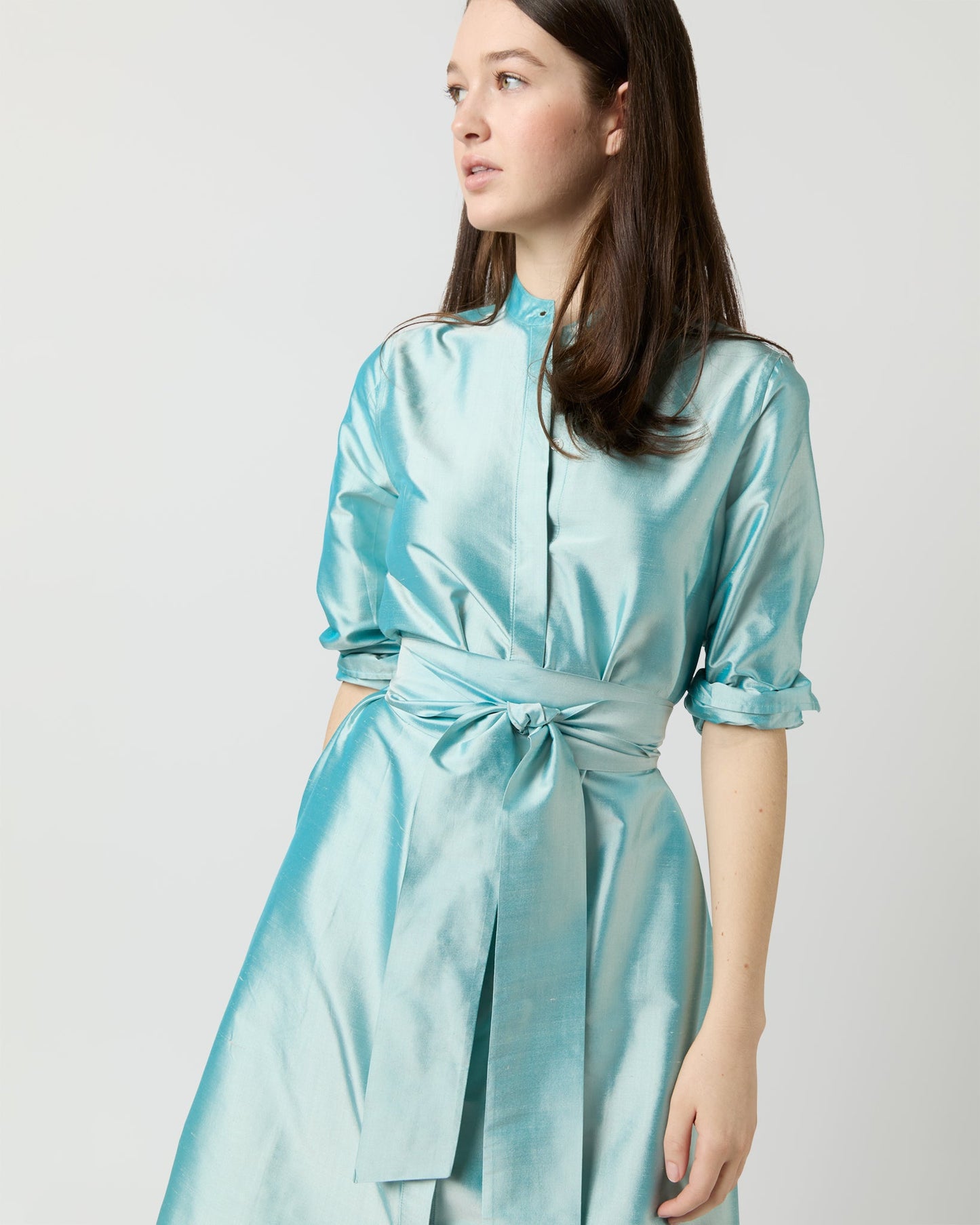 Long-Sleeved Gianna Maxi Dress in Mist Silk Shantung