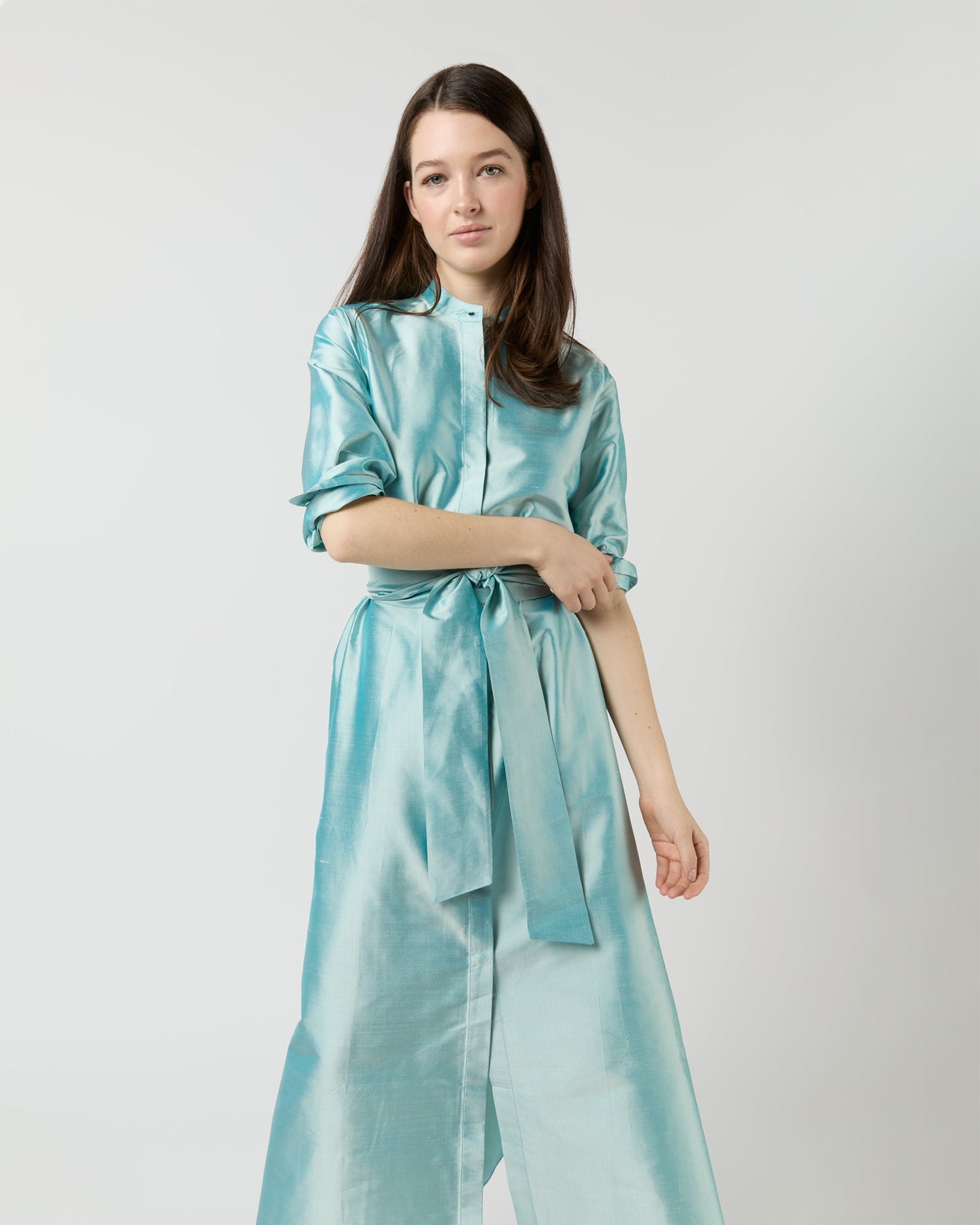 Long-Sleeved Gianna Maxi Dress in Mist Silk Shantung