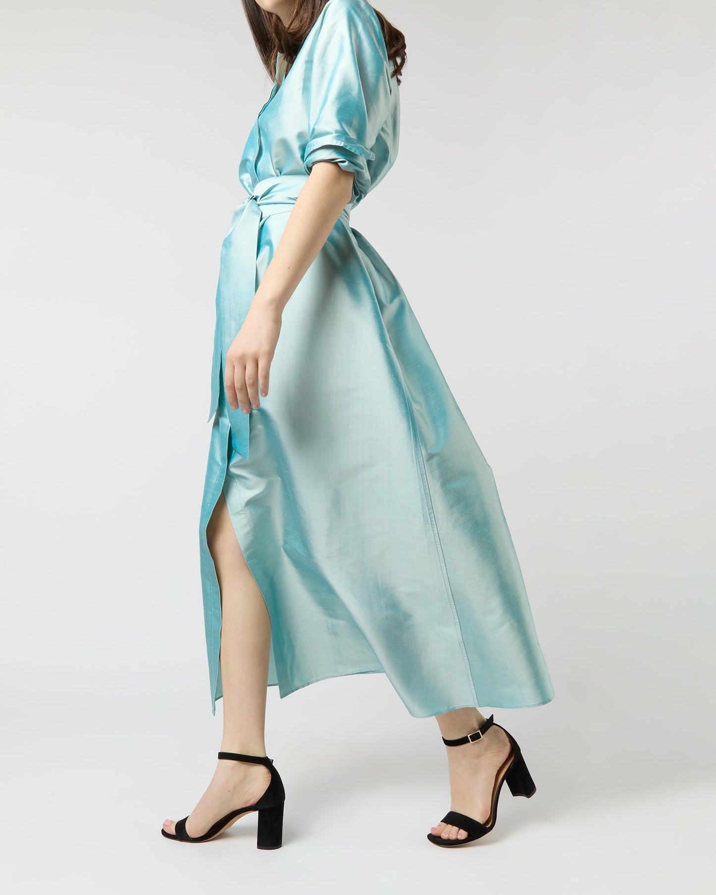 Long-Sleeved Gianna Maxi Dress in Mist Silk Shantung