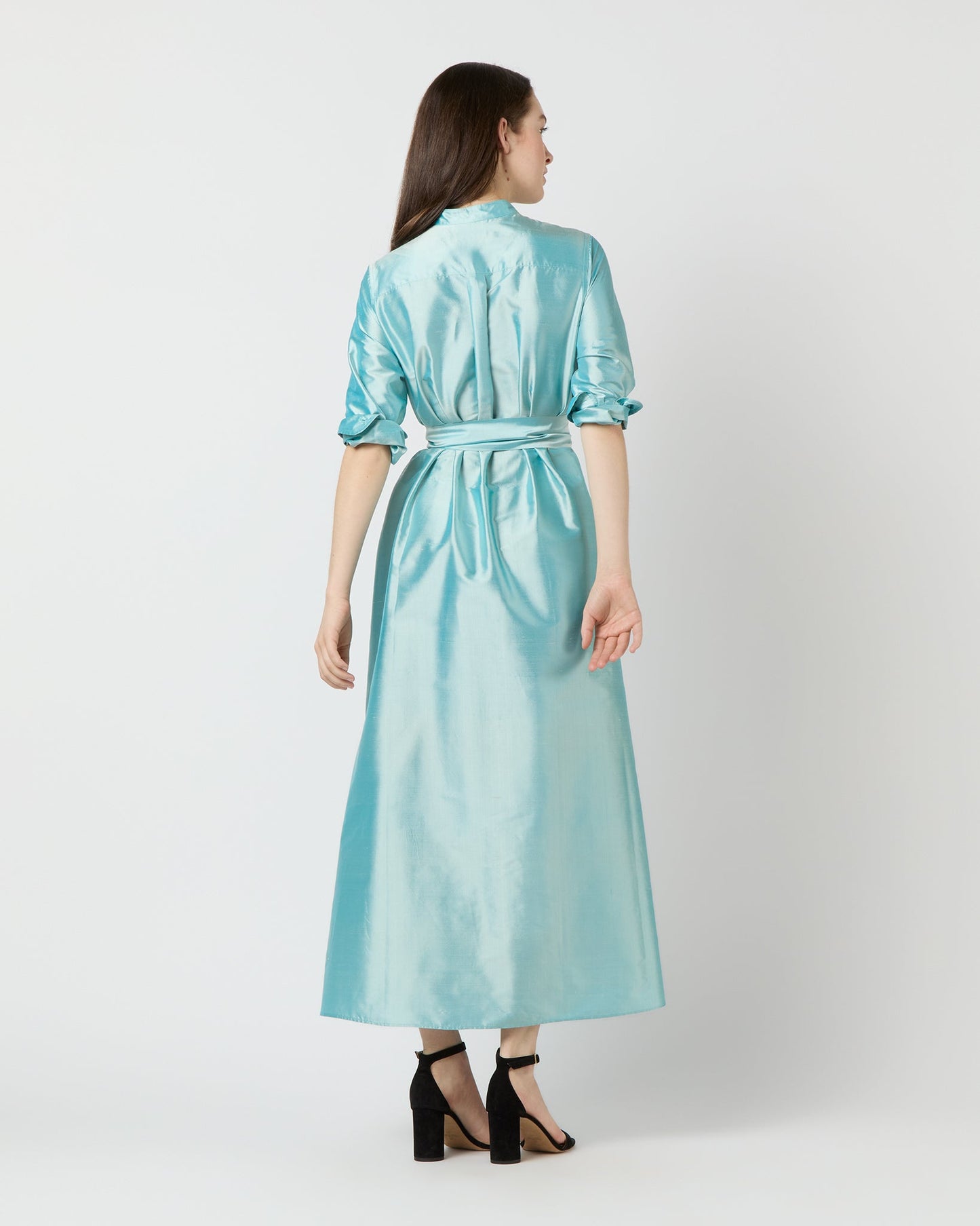 Long-Sleeved Gianna Maxi Dress in Mist Silk Shantung