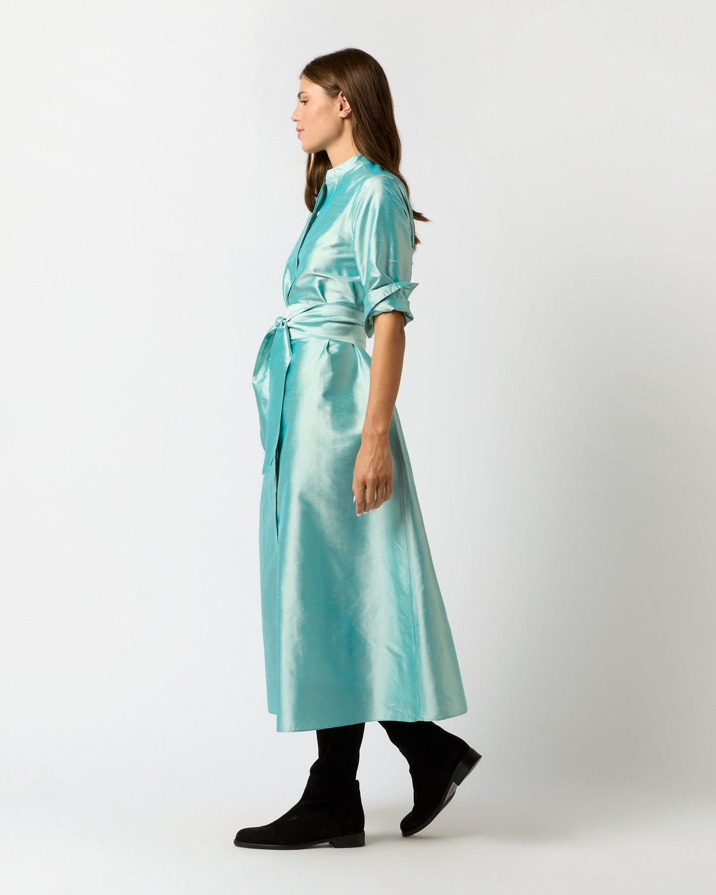 Long-Sleeved Gianna Maxi Dress in Mist Silk Shantung