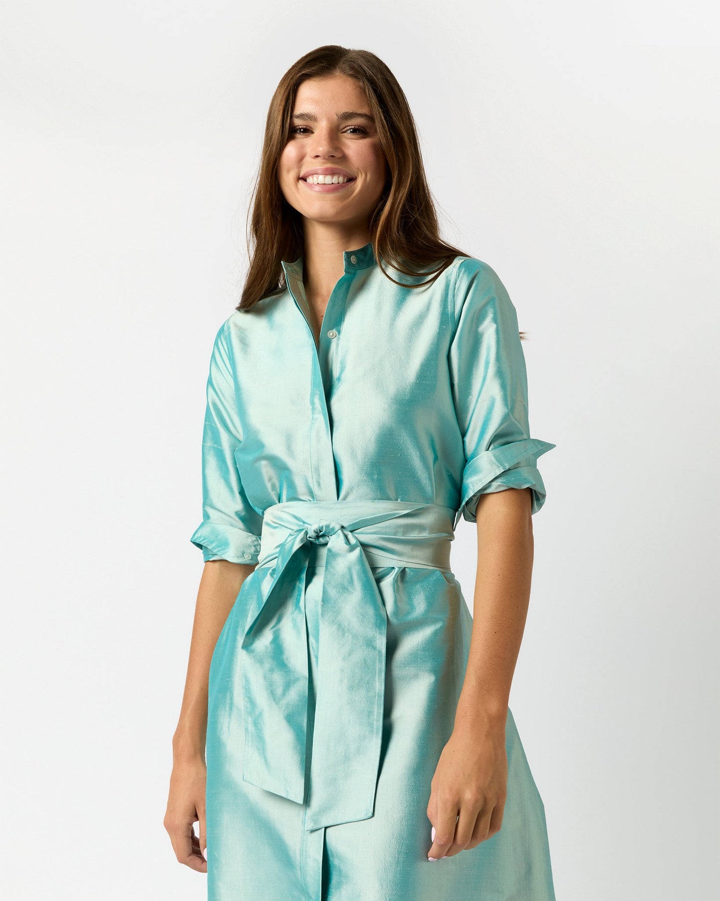 Long-Sleeved Gianna Maxi Dress in Mist Silk Shantung