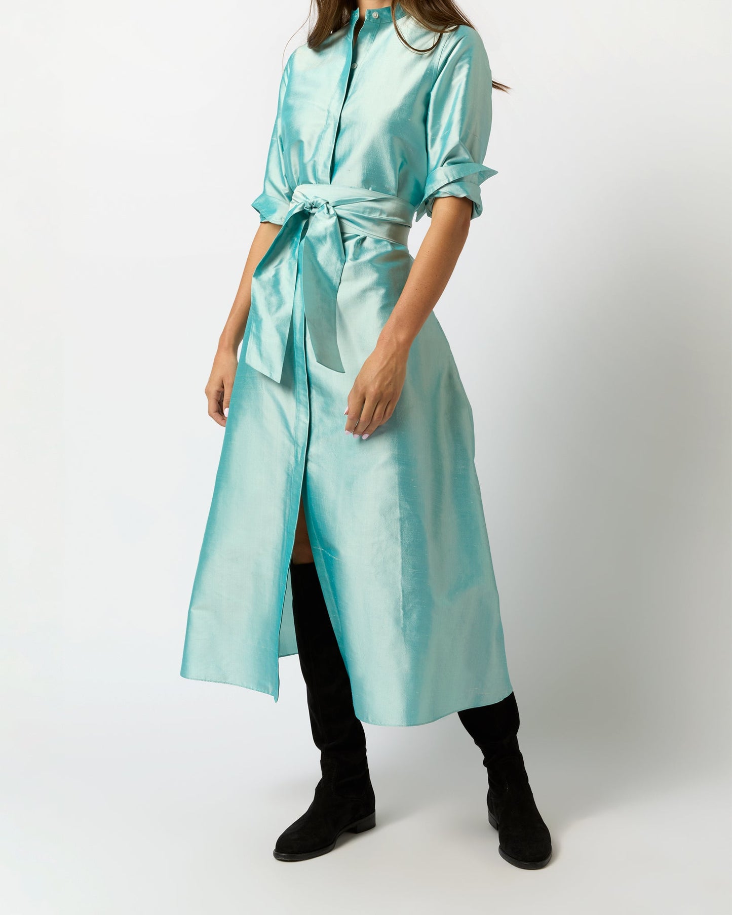 Long-Sleeved Gianna Maxi Dress in Mist Silk Shantung