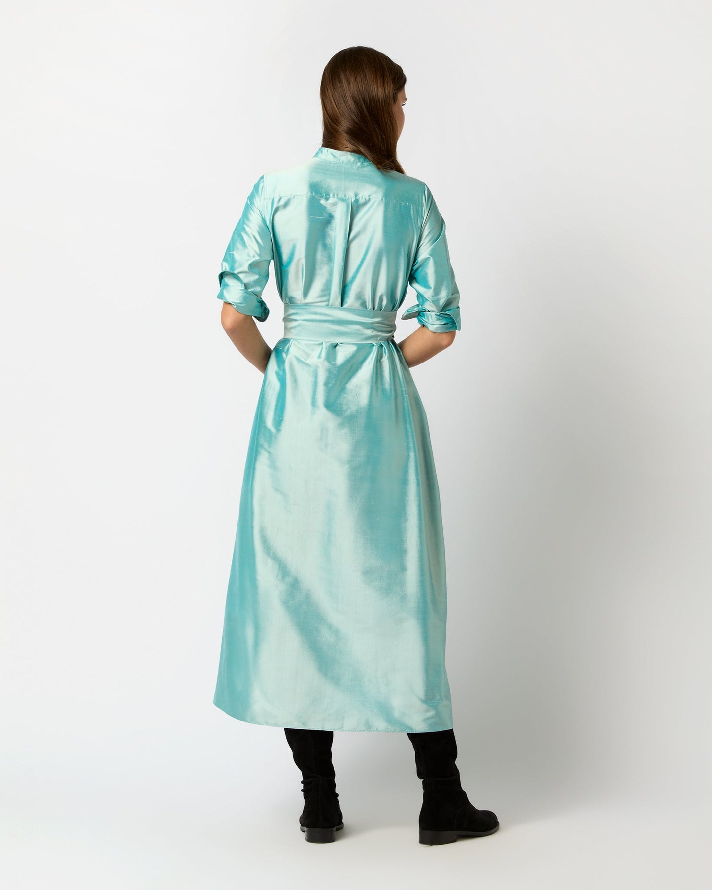 Long-Sleeved Gianna Maxi Dress in Mist Silk Shantung