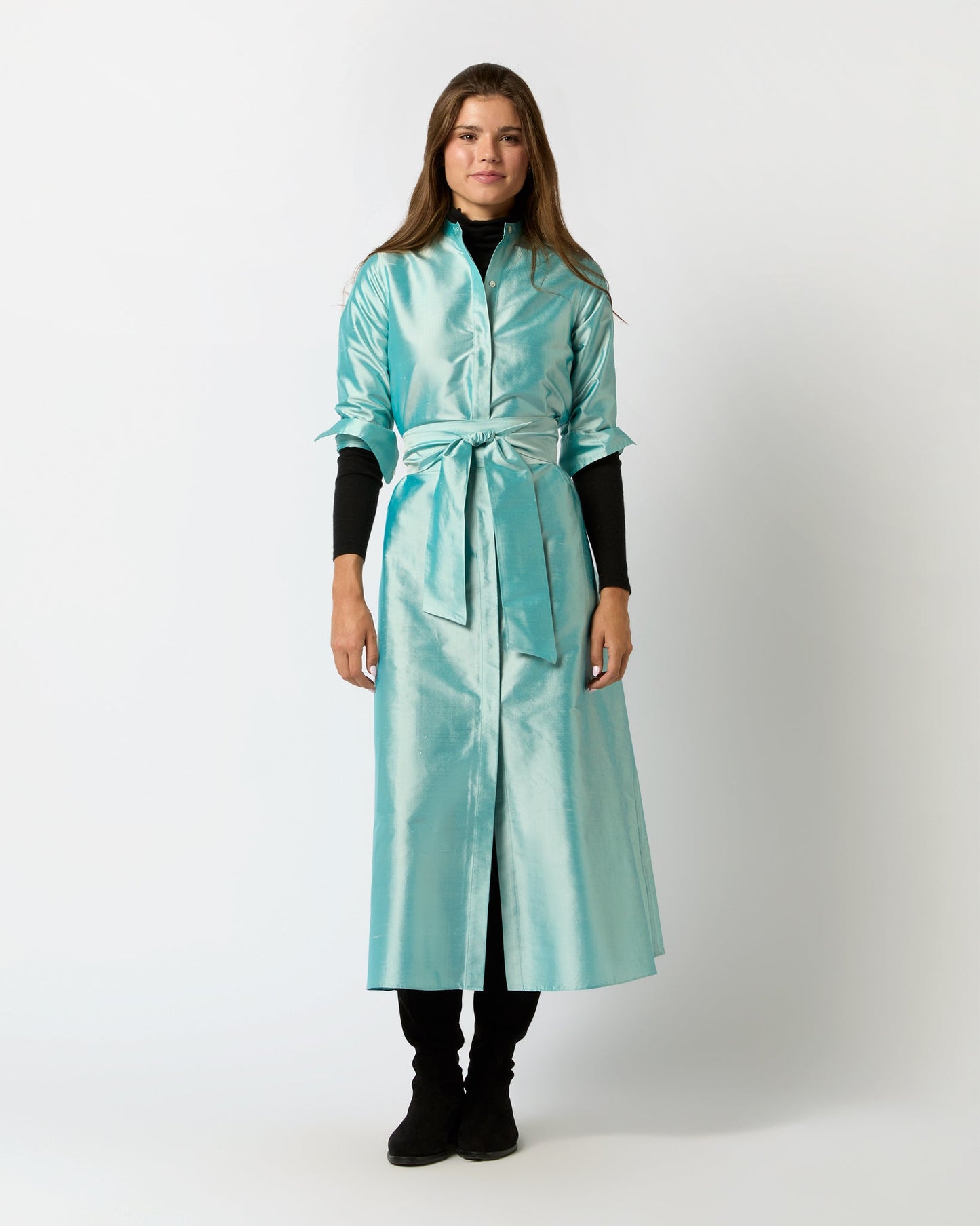 Long-Sleeved Gianna Maxi Dress in Mist Silk Shantung