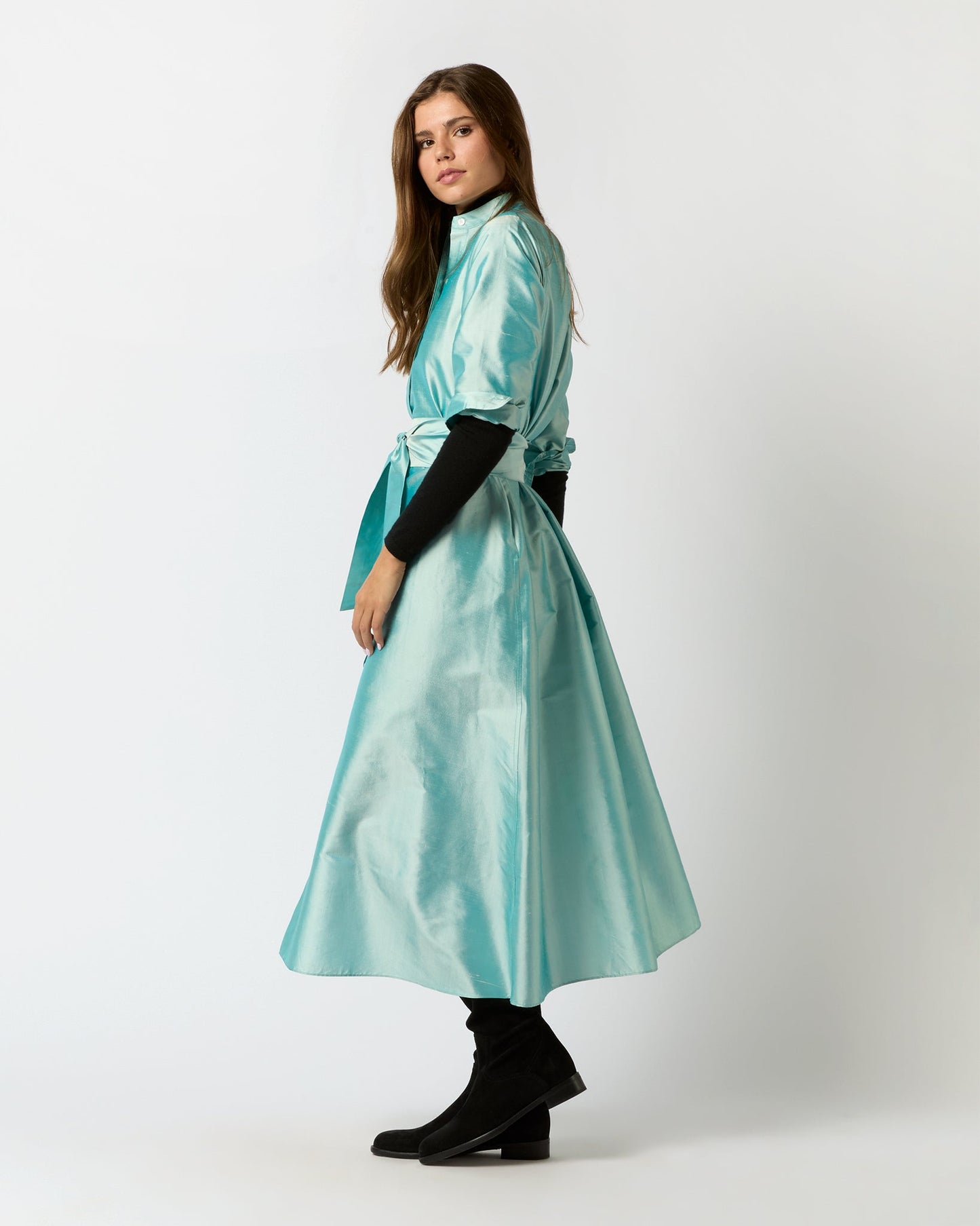 Long-Sleeved Gianna Maxi Dress in Mist Silk Shantung