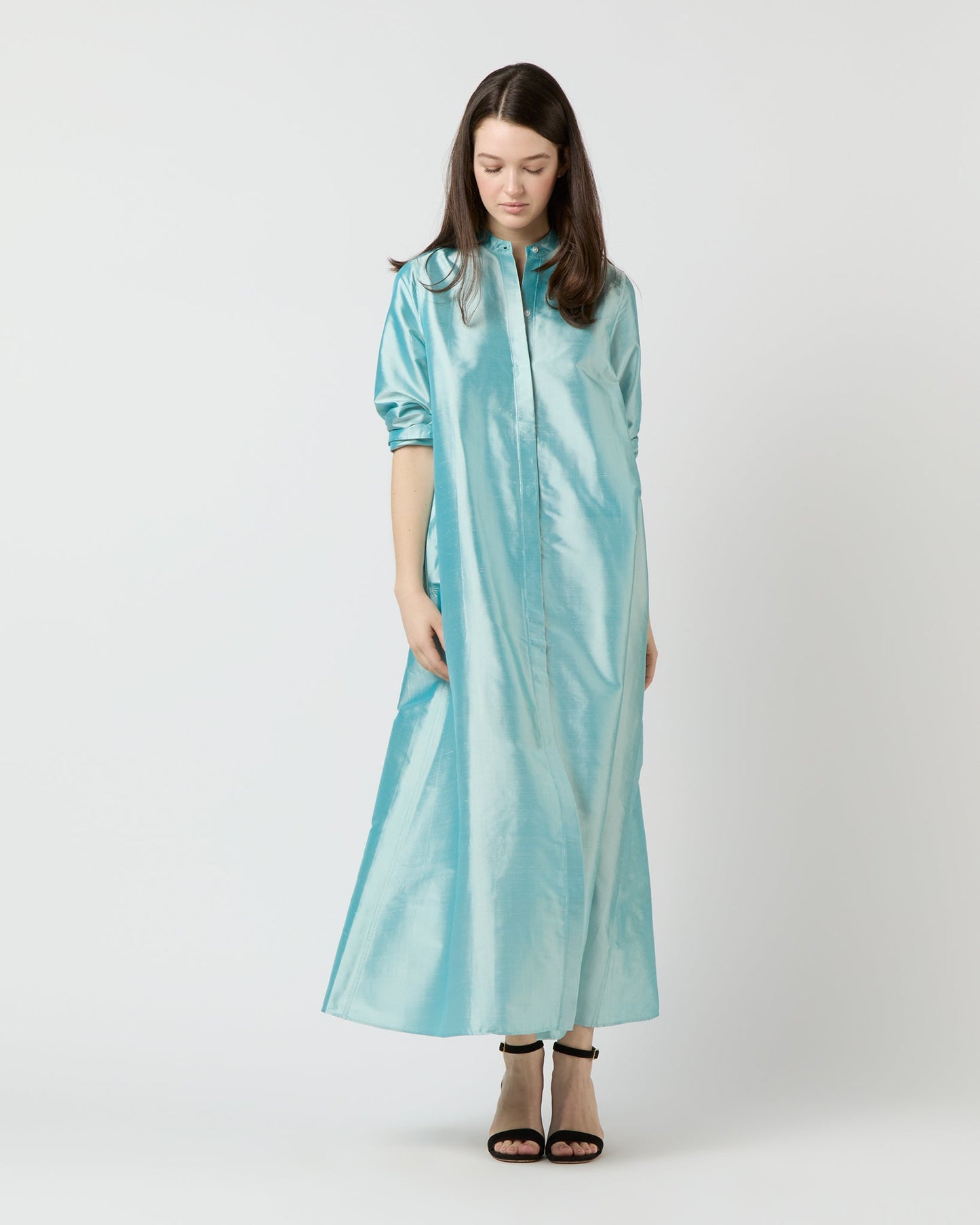 Long-Sleeved Gianna Maxi Dress in Mist Silk Shantung