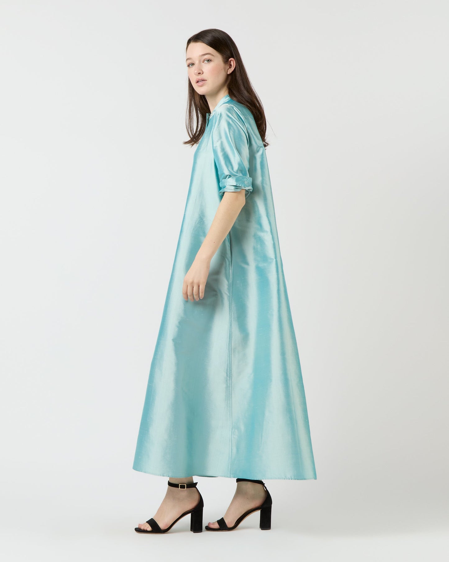 Long-Sleeved Gianna Maxi Dress in Mist Silk Shantung