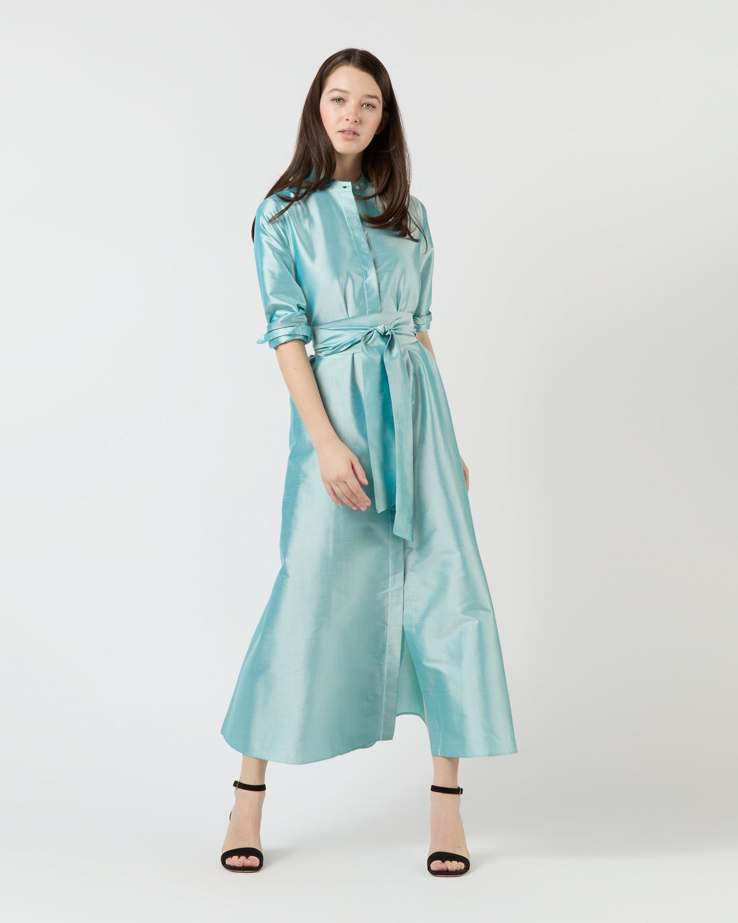 Long-Sleeved Gianna Maxi Dress in Mist Silk Shantung