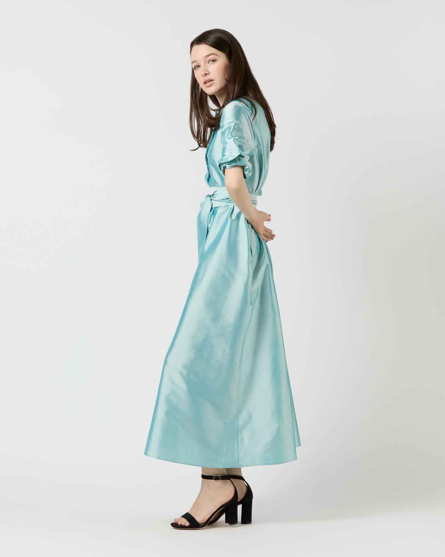 Long-Sleeved Gianna Maxi Dress in Mist Silk Shantung