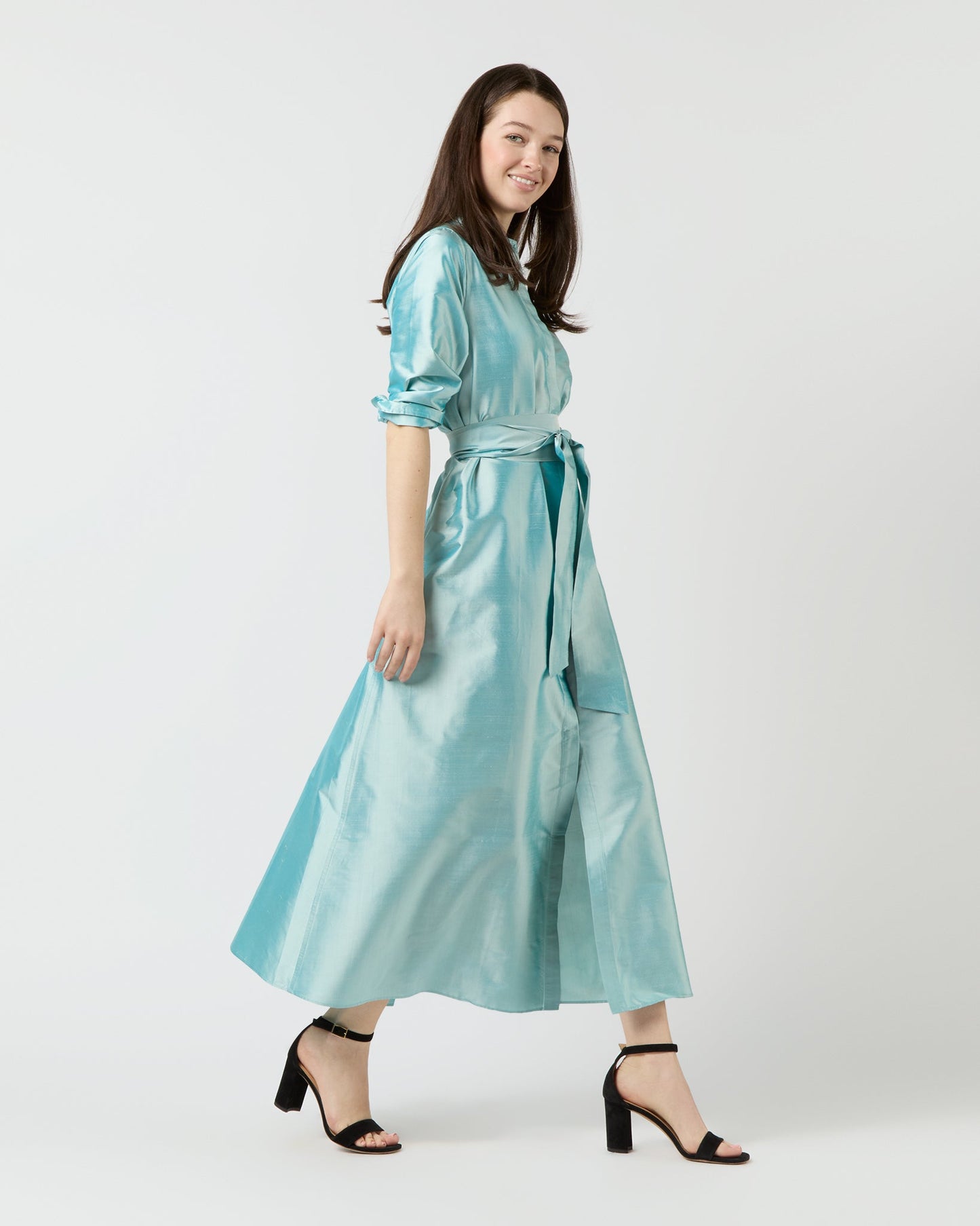 Long-Sleeved Gianna Maxi Dress in Mist Silk Shantung