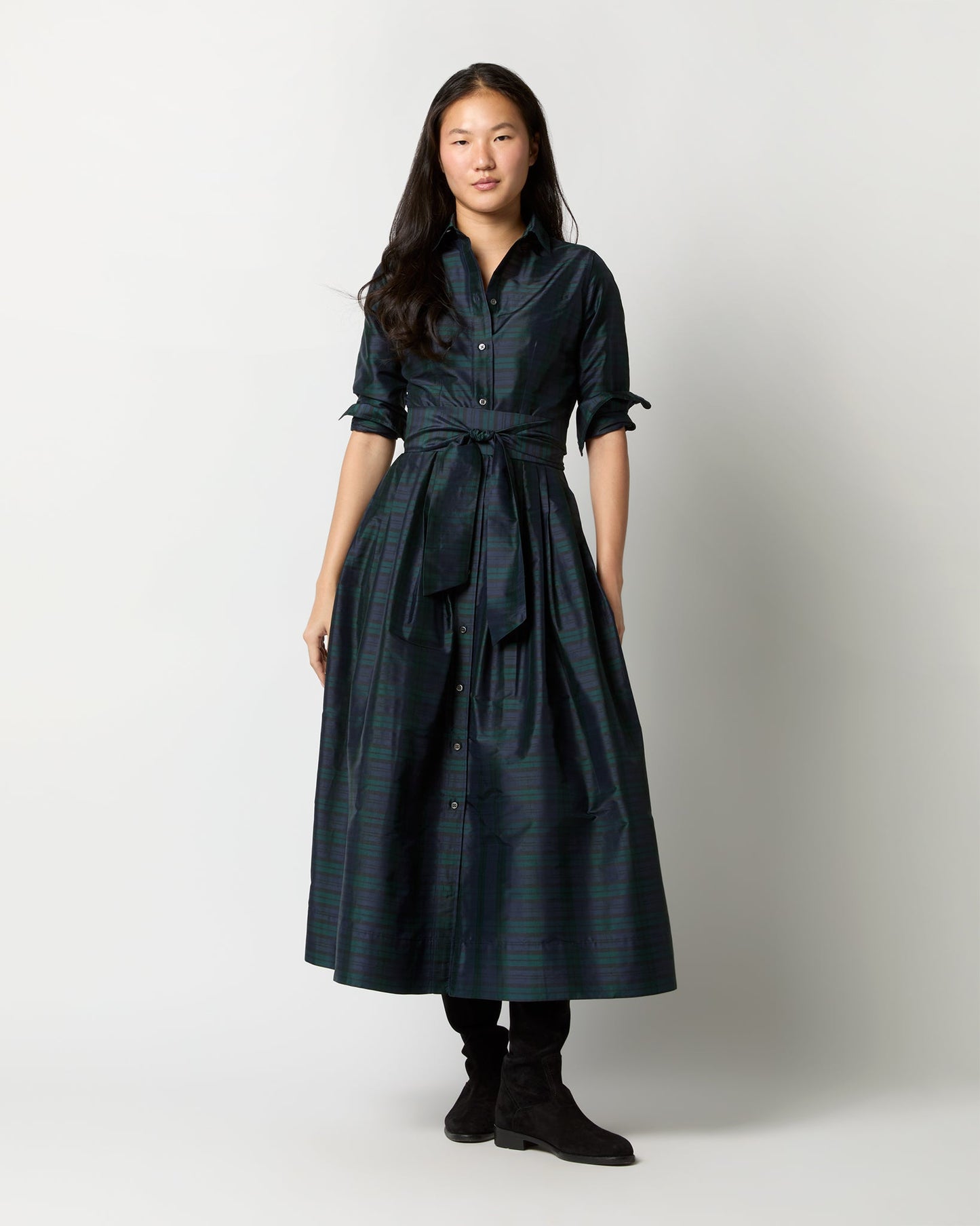 Classic Shirtwaist Maxi Dress in Blackwatch Silk Shantung