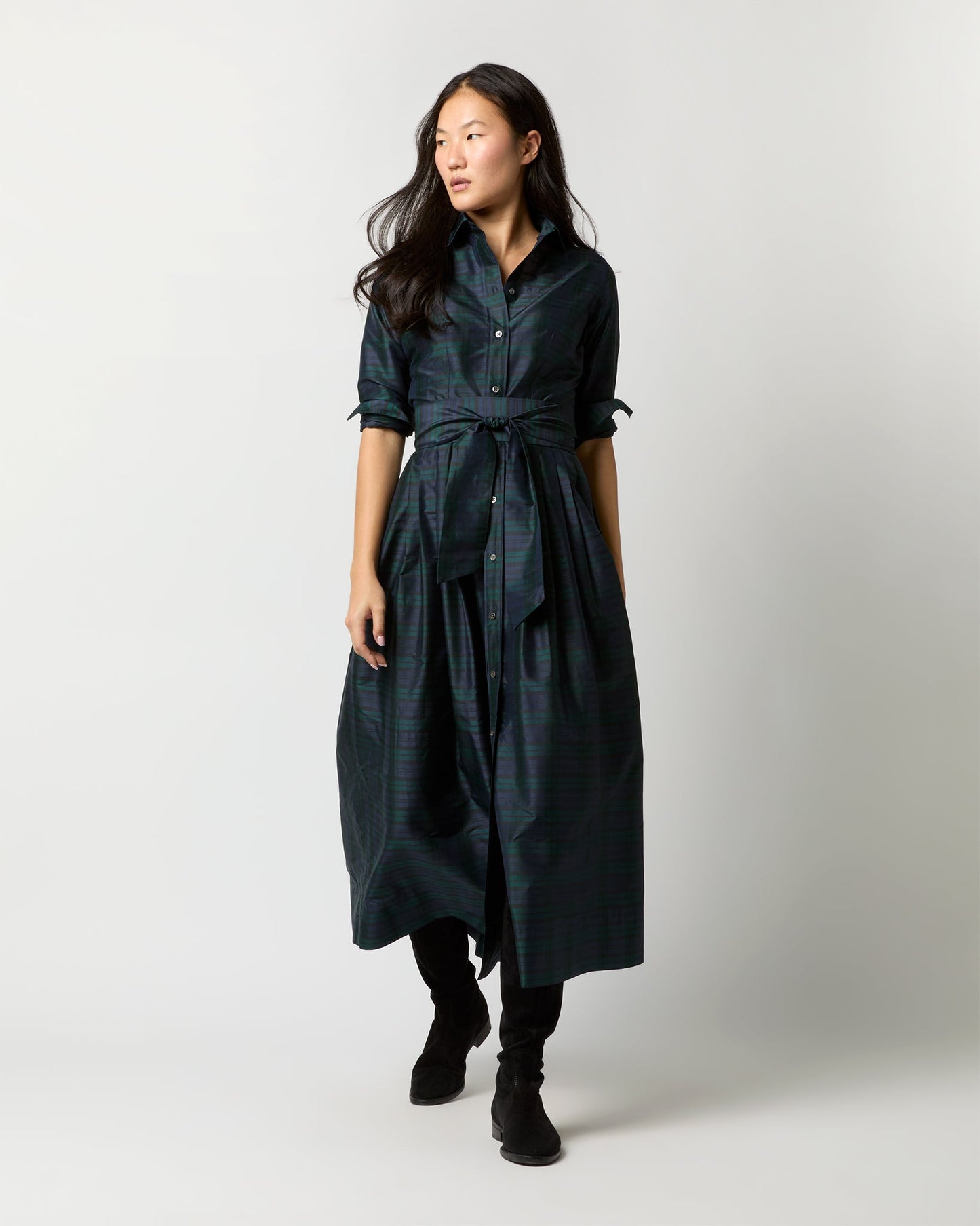 Classic Shirtwaist Maxi Dress in Blackwatch Silk Shantung