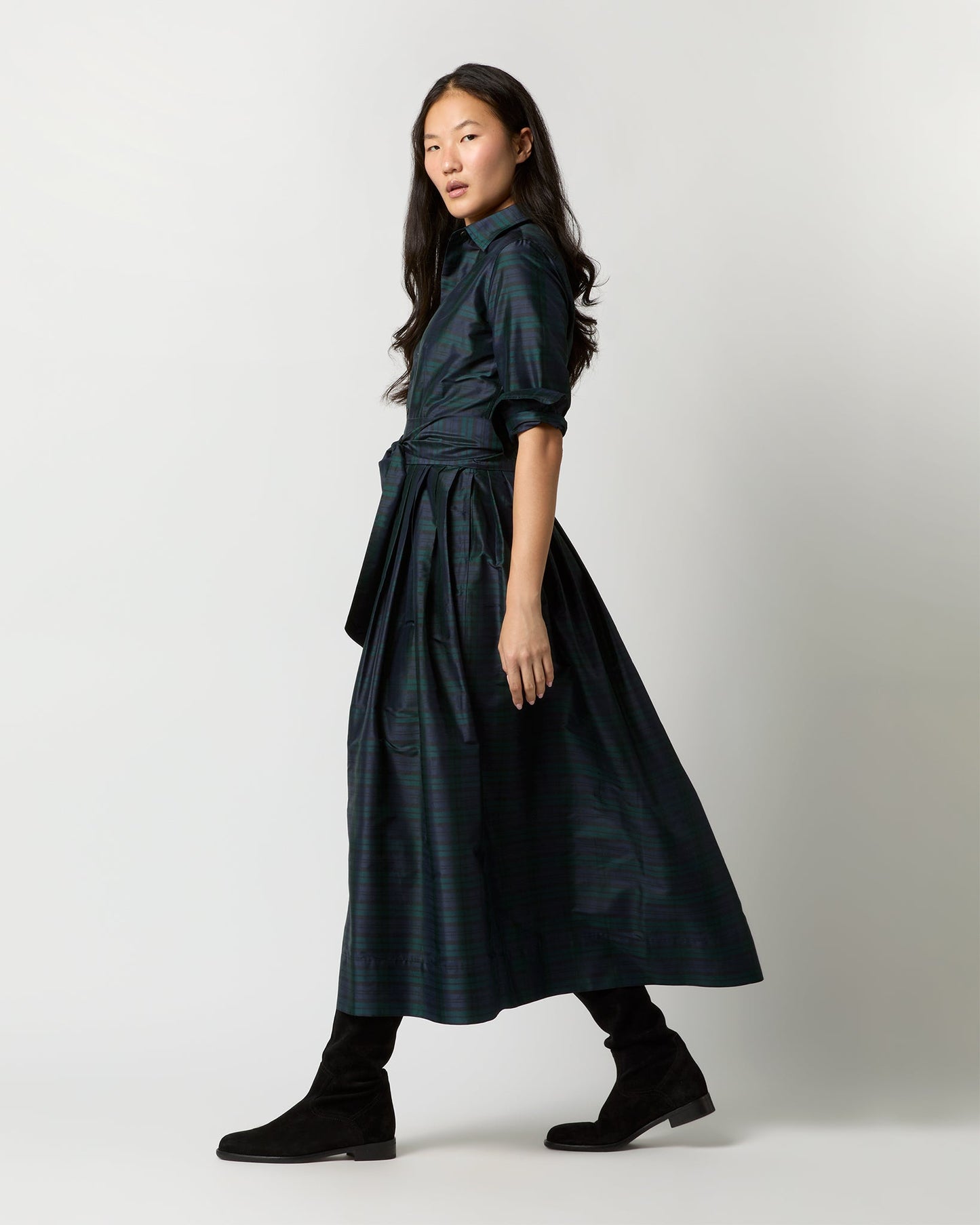 Classic Shirtwaist Maxi Dress in Blackwatch Silk Shantung