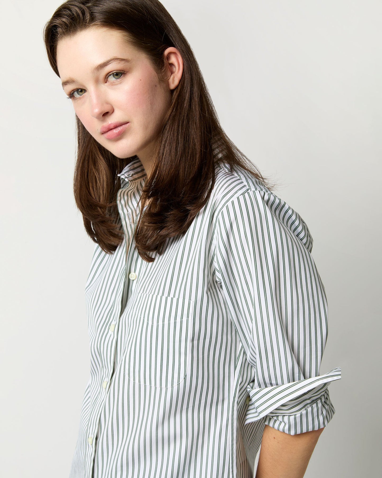 Boyfriend Shirt in White/Green Multi Stripe Poplin