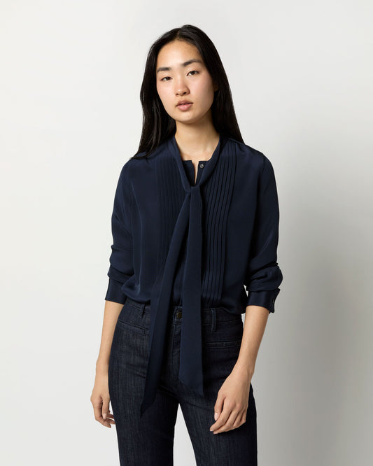 Marigold Blouse in Navy Silk Crepe de Chine