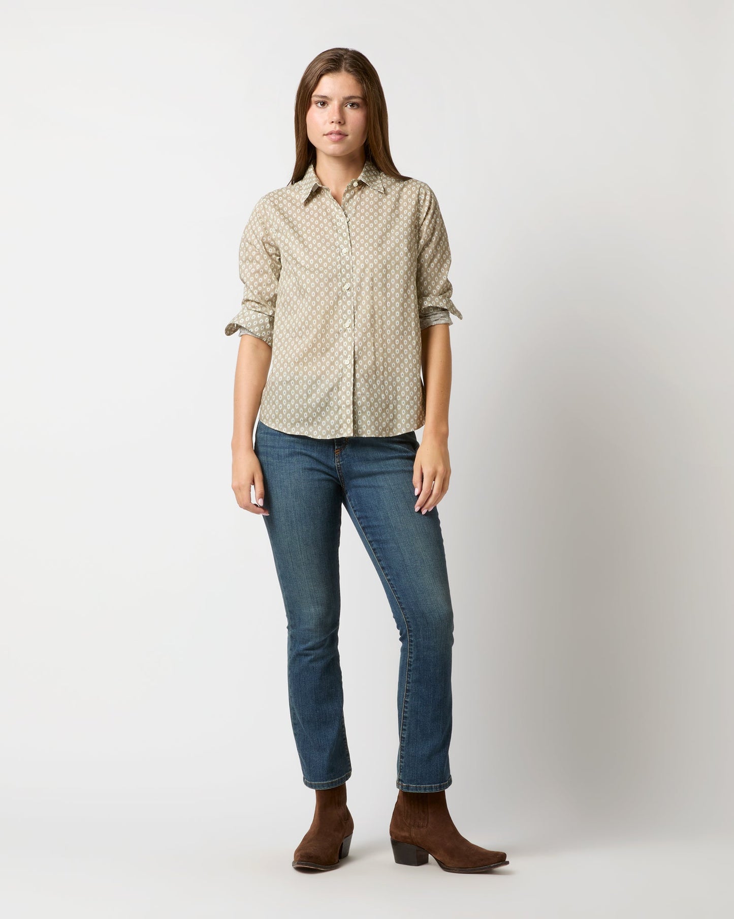 Sibyl Shirt in Taupe/Blue Floral Stripe Poplin