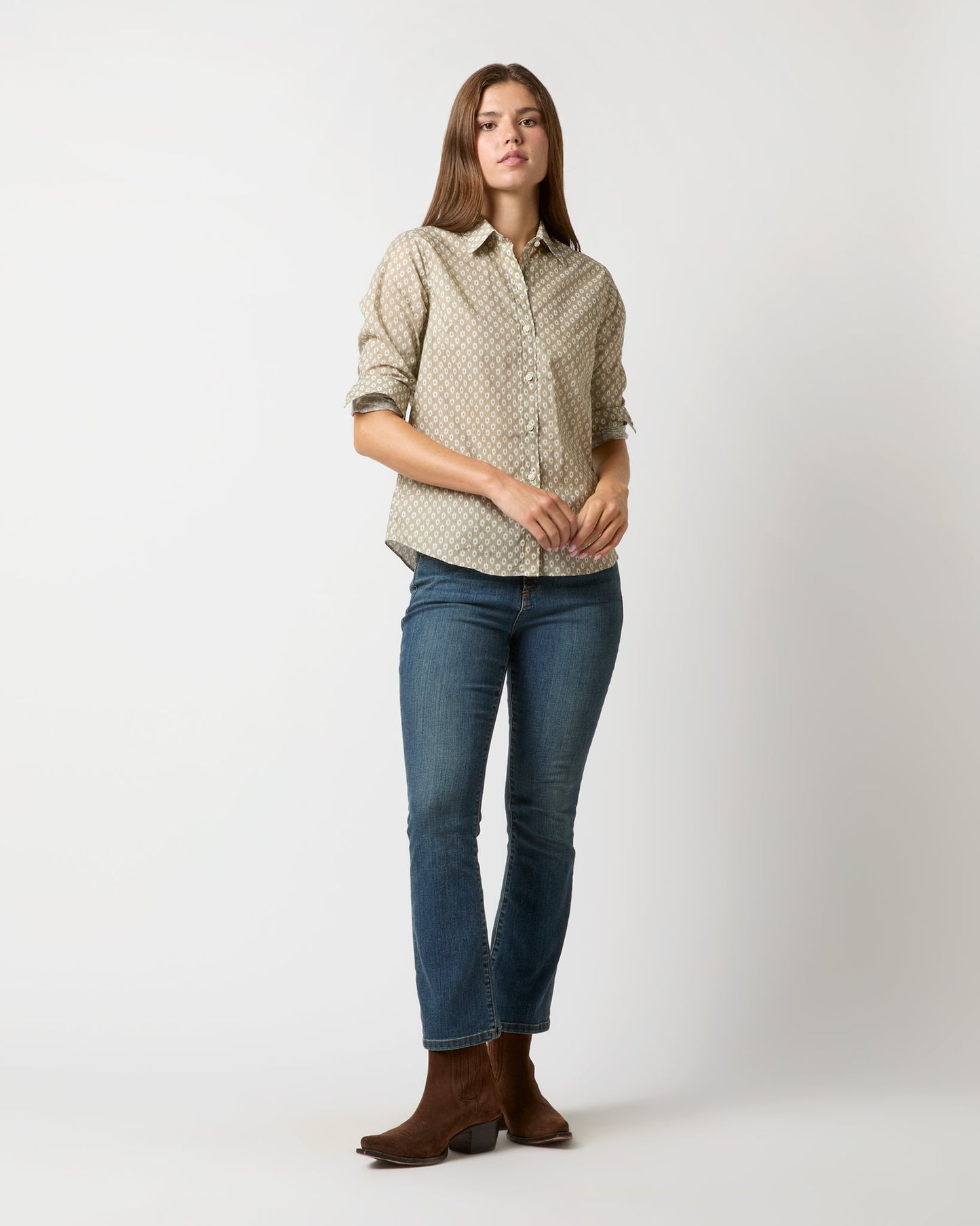 Sibyl Shirt in Taupe/Blue Floral Stripe Poplin