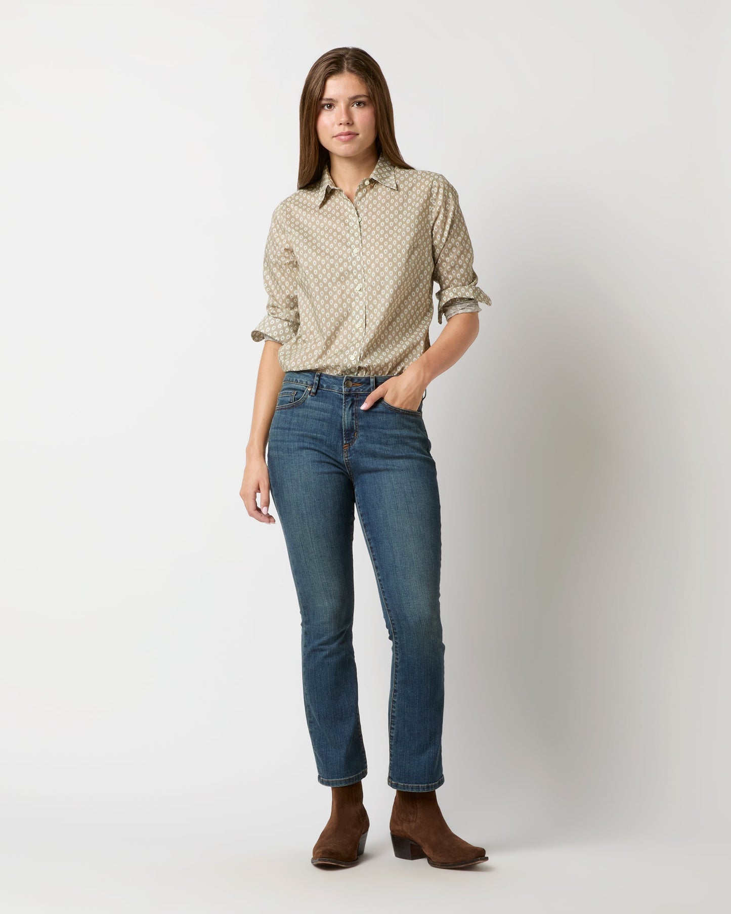 Sibyl Shirt in Taupe/Blue Floral Stripe Poplin