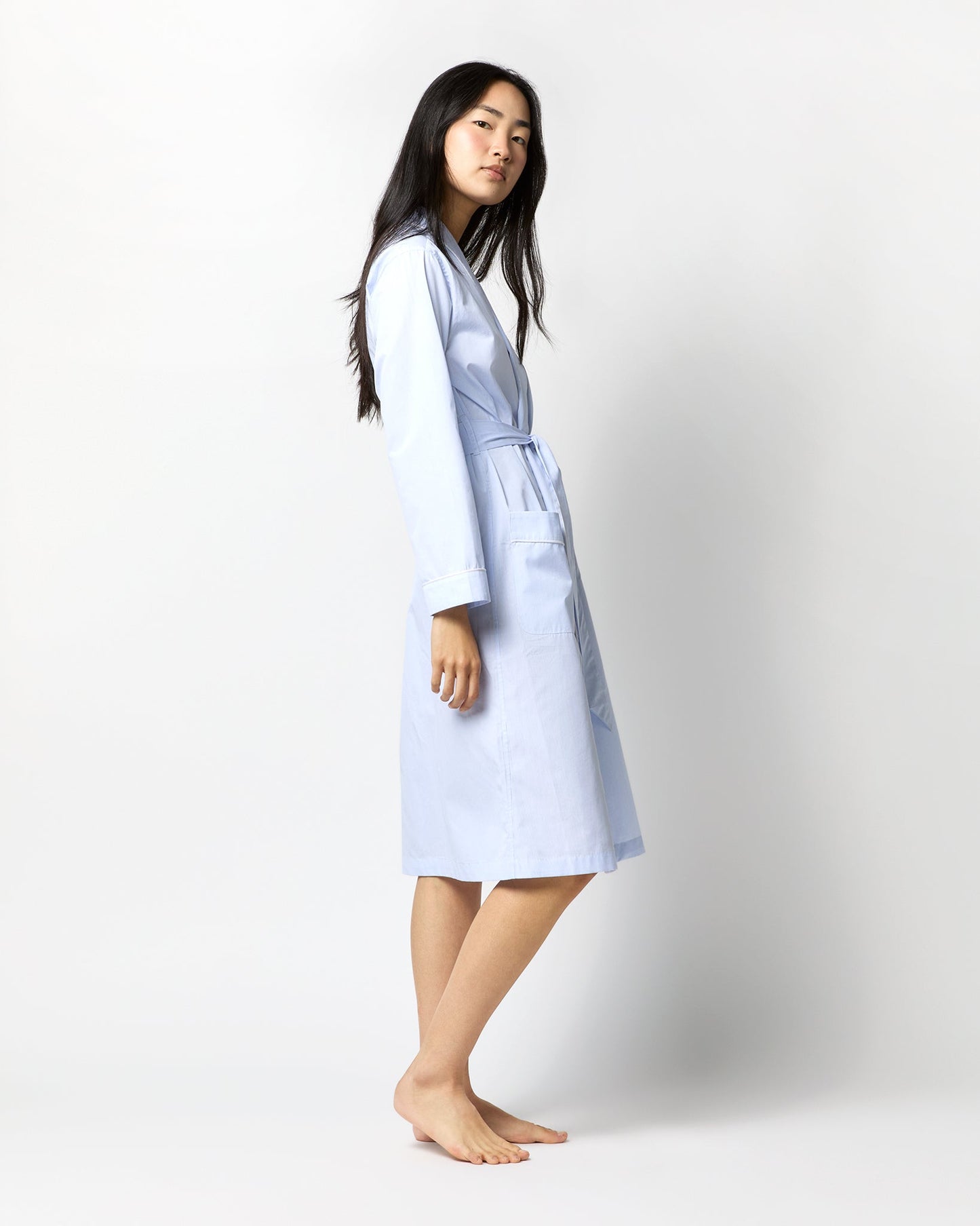 Darcey Robe in Pale Blue Hairline Stripe Cotton