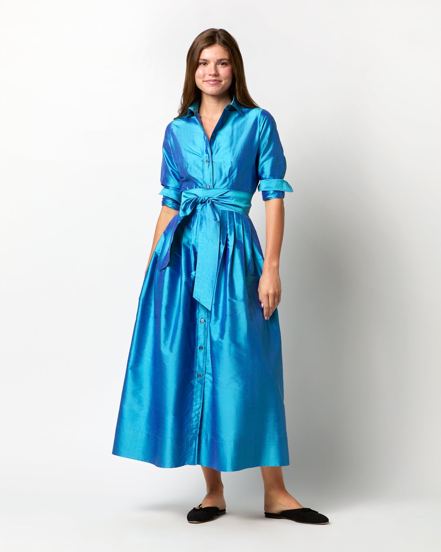 Classic Shirtwaist Maxi Dress in Azure Iridescent Silk Shantung